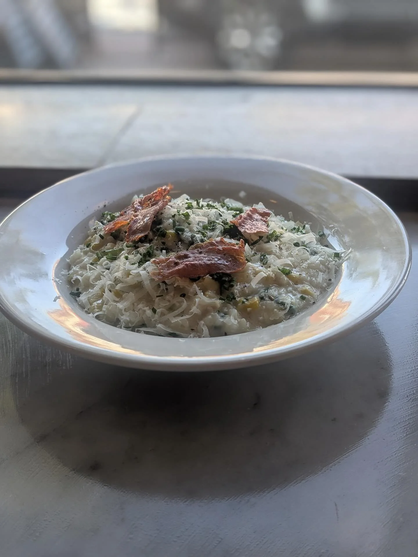 New pasta special is&hellip;not pasta! Chef @mazzolamx whipped up this light take on risotto, cooked in a corncob broth with sweet kernels of corn, arugula, prosciutto and finished with chives and prosciutto crisps! At New Center!