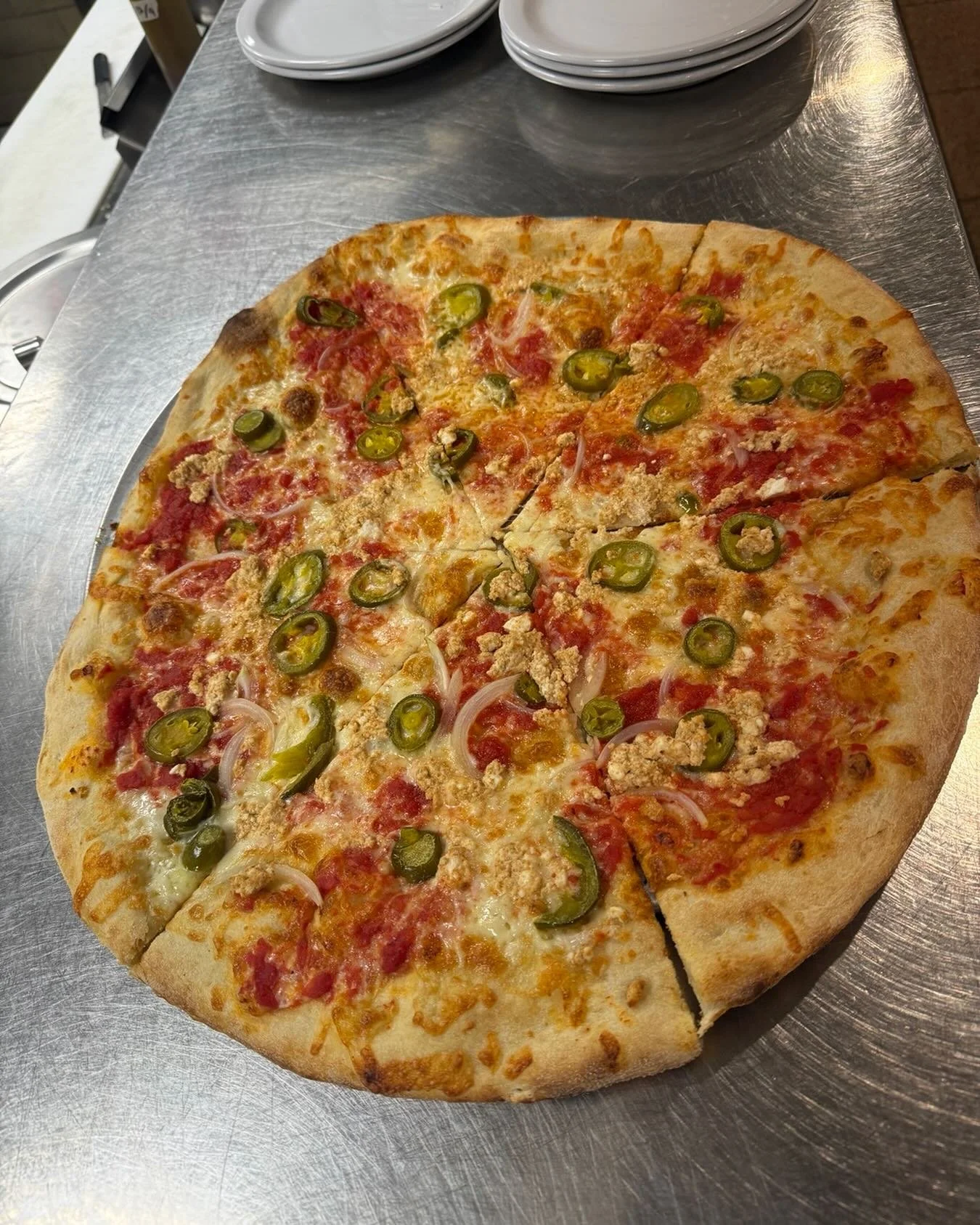 New pizza special! At both locations! The Norizo! Chorizo-spiced feta cheese, sliced onions and jalape&ntilde;os make for a vegetarian pizza extraordinaire from our prep chef @atrodg18!