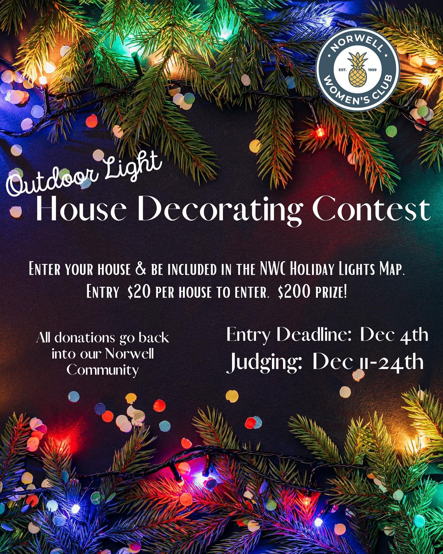 🎀HOLIDAY LIGHTS! 🎀
The weather is perfect for hanging those Holiday Decorations. Register your home in the NWC HOLIDAY HOUSE DECORATING CONTEST by Dec. 4th for a chance to win $200! A map of all homes entered into the contest will be available onli