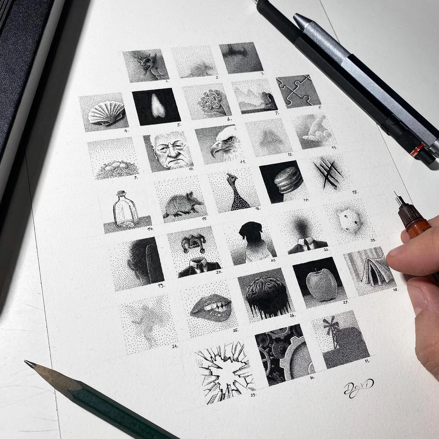 This is my Inktober for this year done in full. Each square is 2 x 2 cm in size and every drawing is made with a @rotringofficial Isograph 0.1mm.

This might be the last Inktober I attend for a while. I like focusing on bigger projects lately, ones t