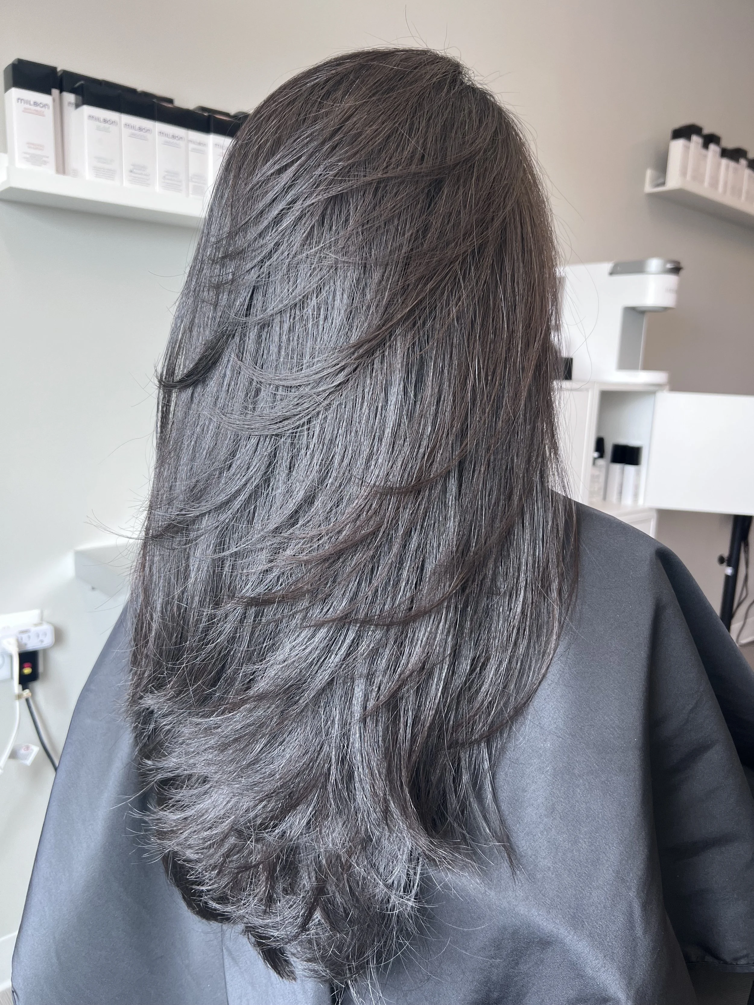 Cool ash brunette hair color with Scott Risk Signature Haircut for balanced layers and shape in Nichols Hills Oklahoma City