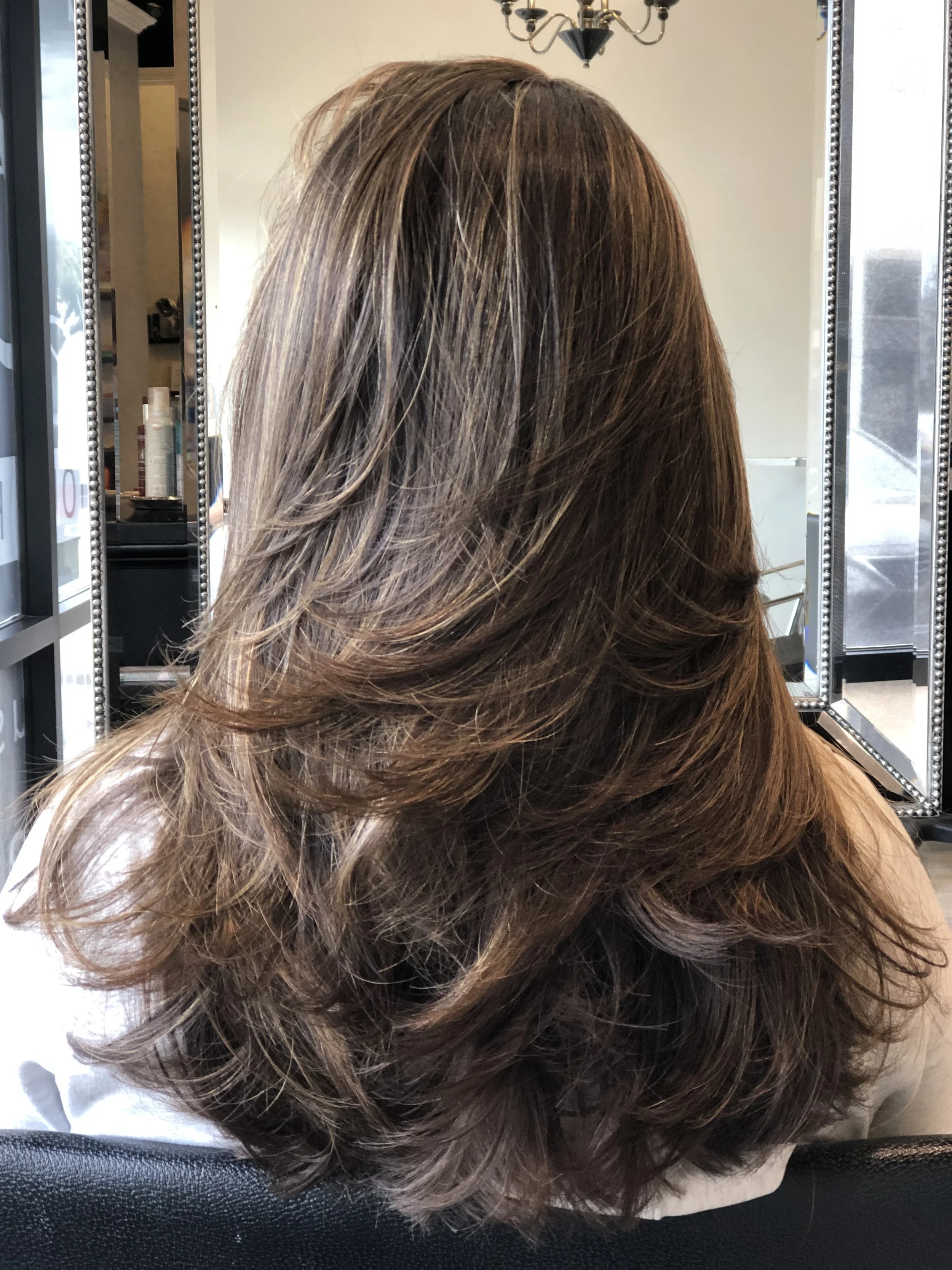 Long brunette layered haircut with smooth flow and balanced fullness for fine to medium hair Frisco Texas