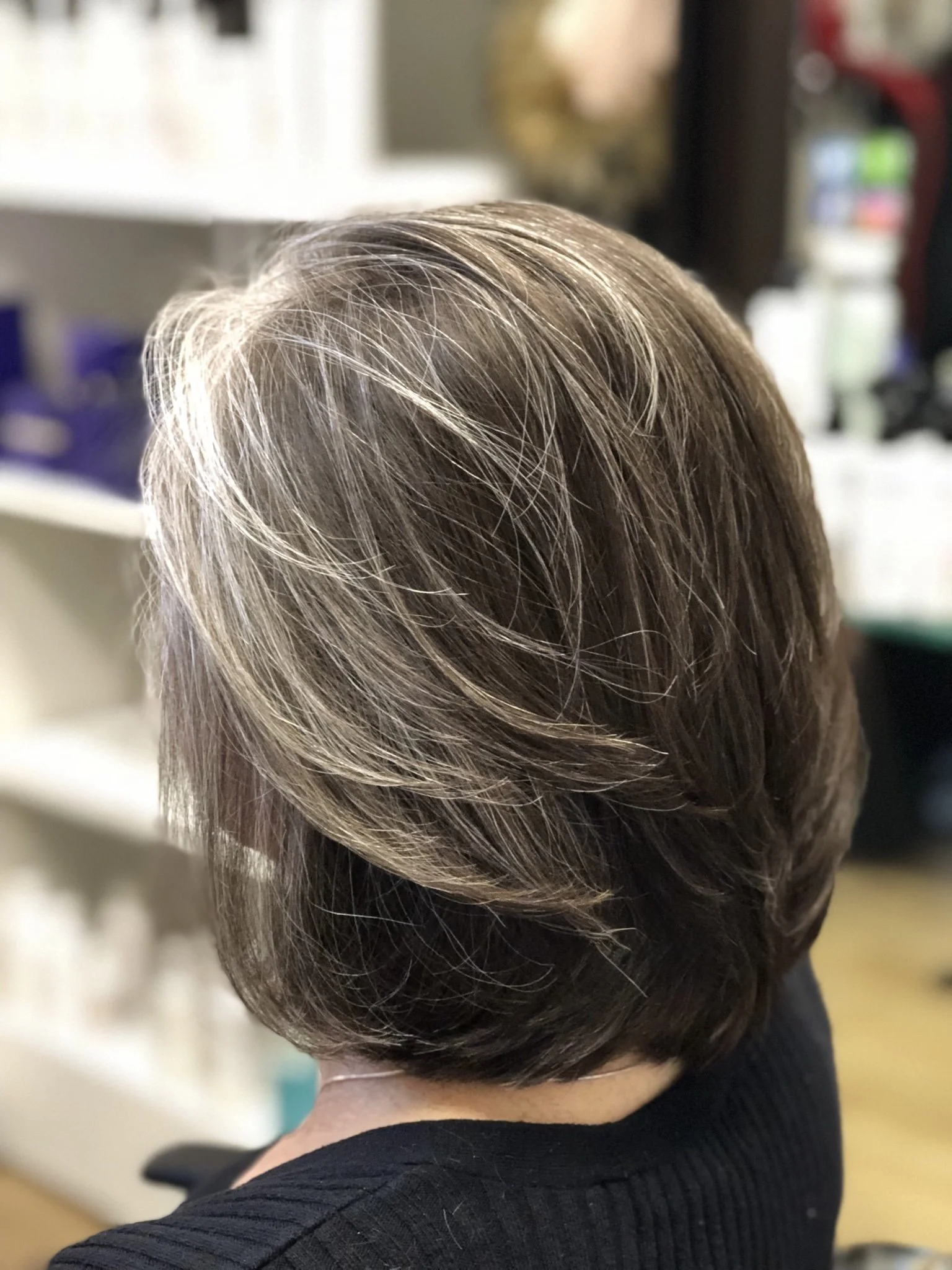 Natural gray precision bob for fine hair by Scott Risk in Nichols Hills Oklahoma