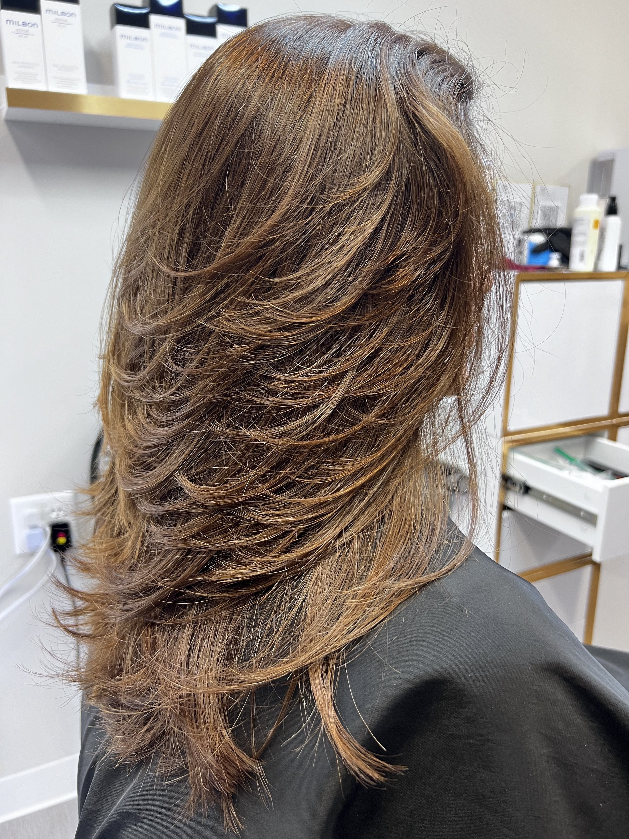 Rich brunette layered haircut with dimensional color and seamless flow in Dallas, Texas.