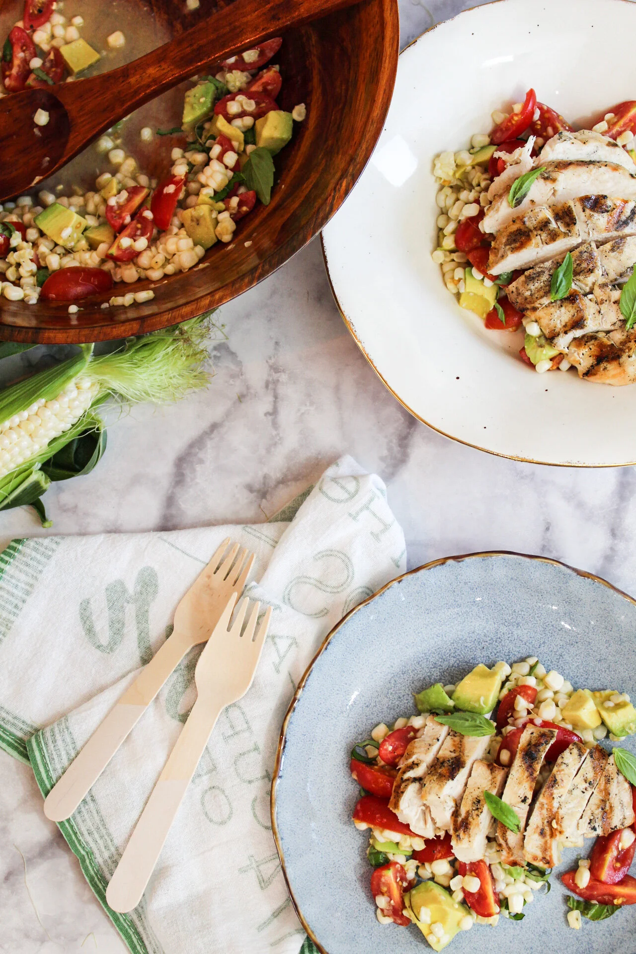 Jersey Corn and tomato, avocado salad with grilled chicken