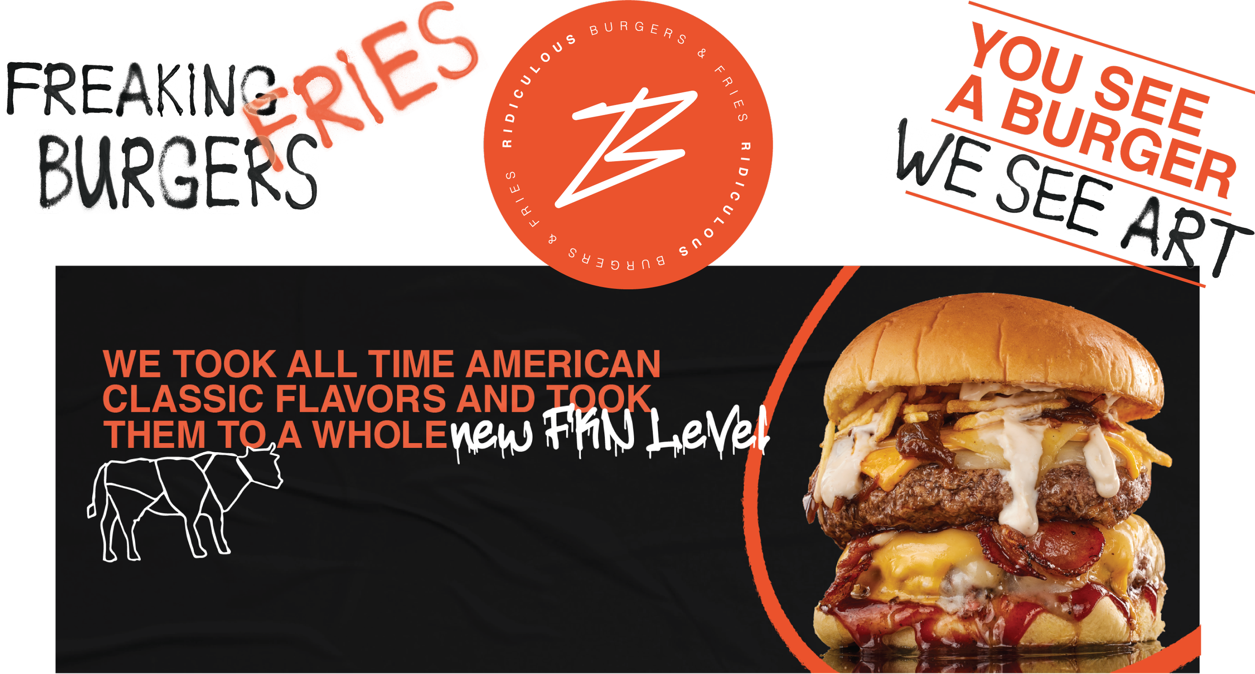 burda ridiculous burgers and fries, freaking burgers banner. art burgers,