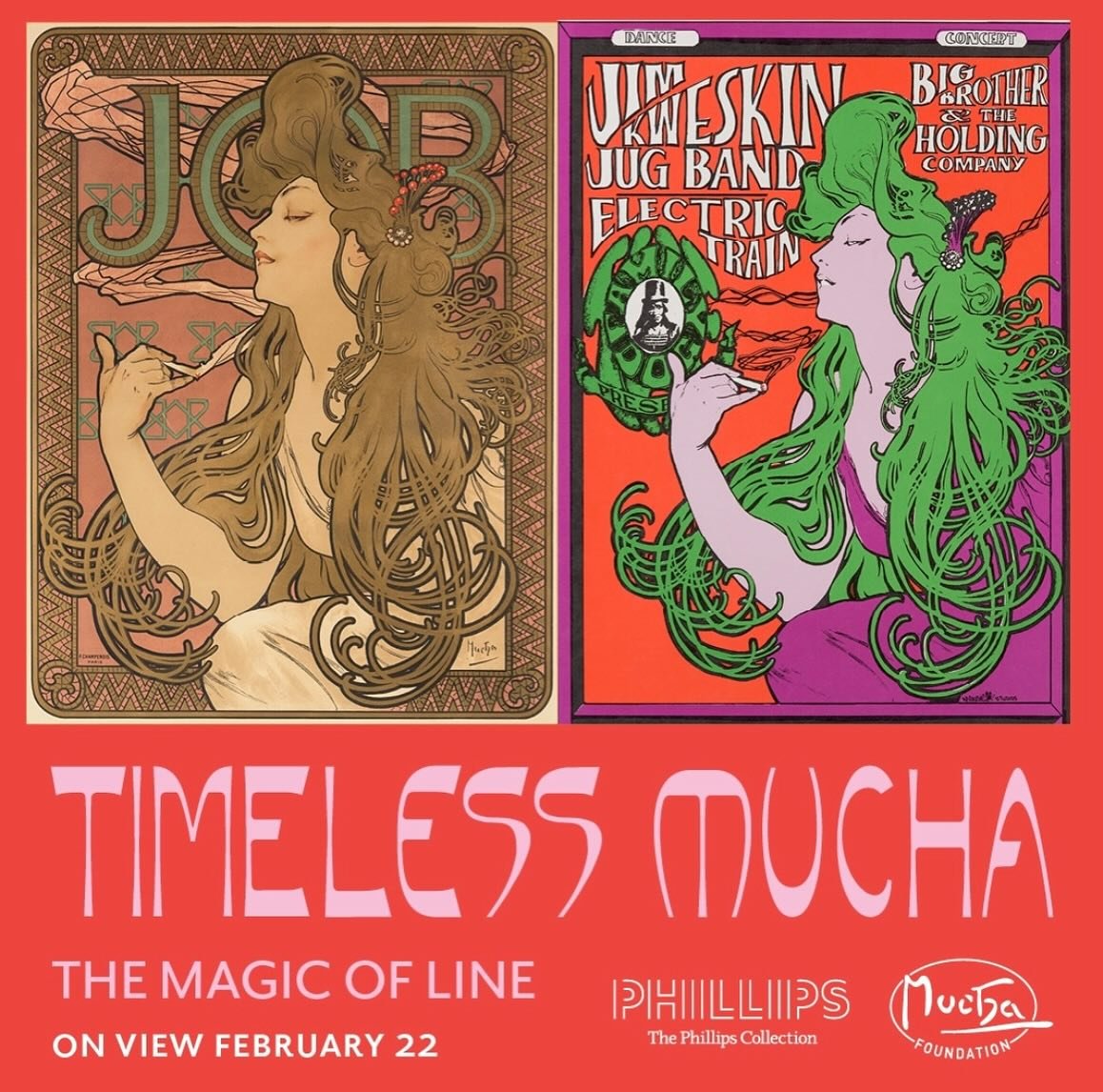 A gorgeous exhibit of Alphonse Mucha, a Czech artist in the Art Nouveau style, alongside album covers and posters from the 1960s inspired by his art. In Washington, DC @phillipscollection through May 18.
