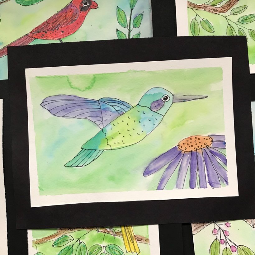 Got the feeder out and ready for the hummingbirds&rsquo; return! The hummingbird is just one of 23 different birds included in the Birds of America lesson, which can be done in watercolors, watercolor pencils, markers or crayons. Learning to draw and