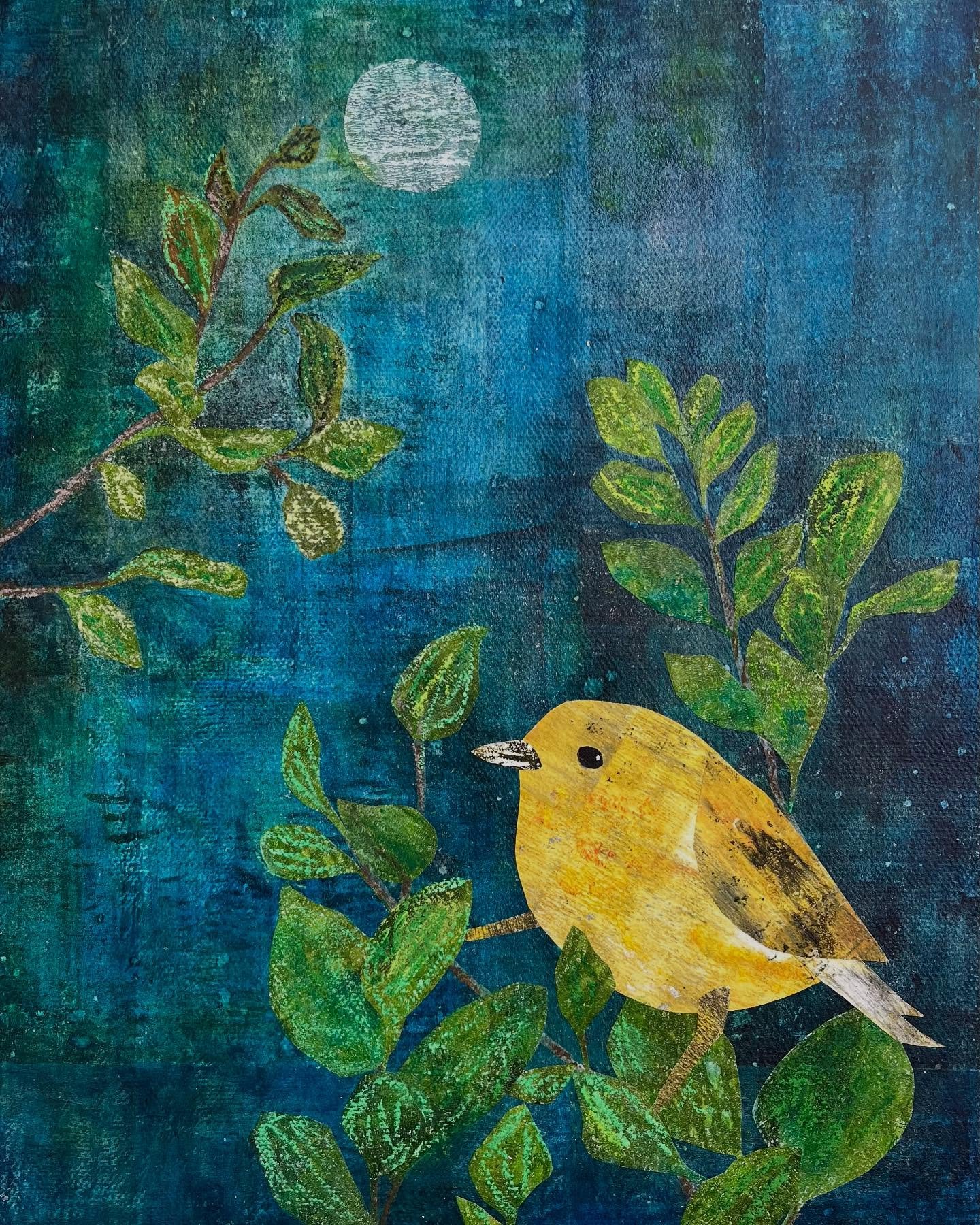 Leaning in on the complementary colors here. The Maui Akepa, once found in the old-growth forests on the Hawaiian Islands, is part of the Search for Lost Birds. Collage created with papers printed in acrylic, 12&rdquo;x9&rdquo;.