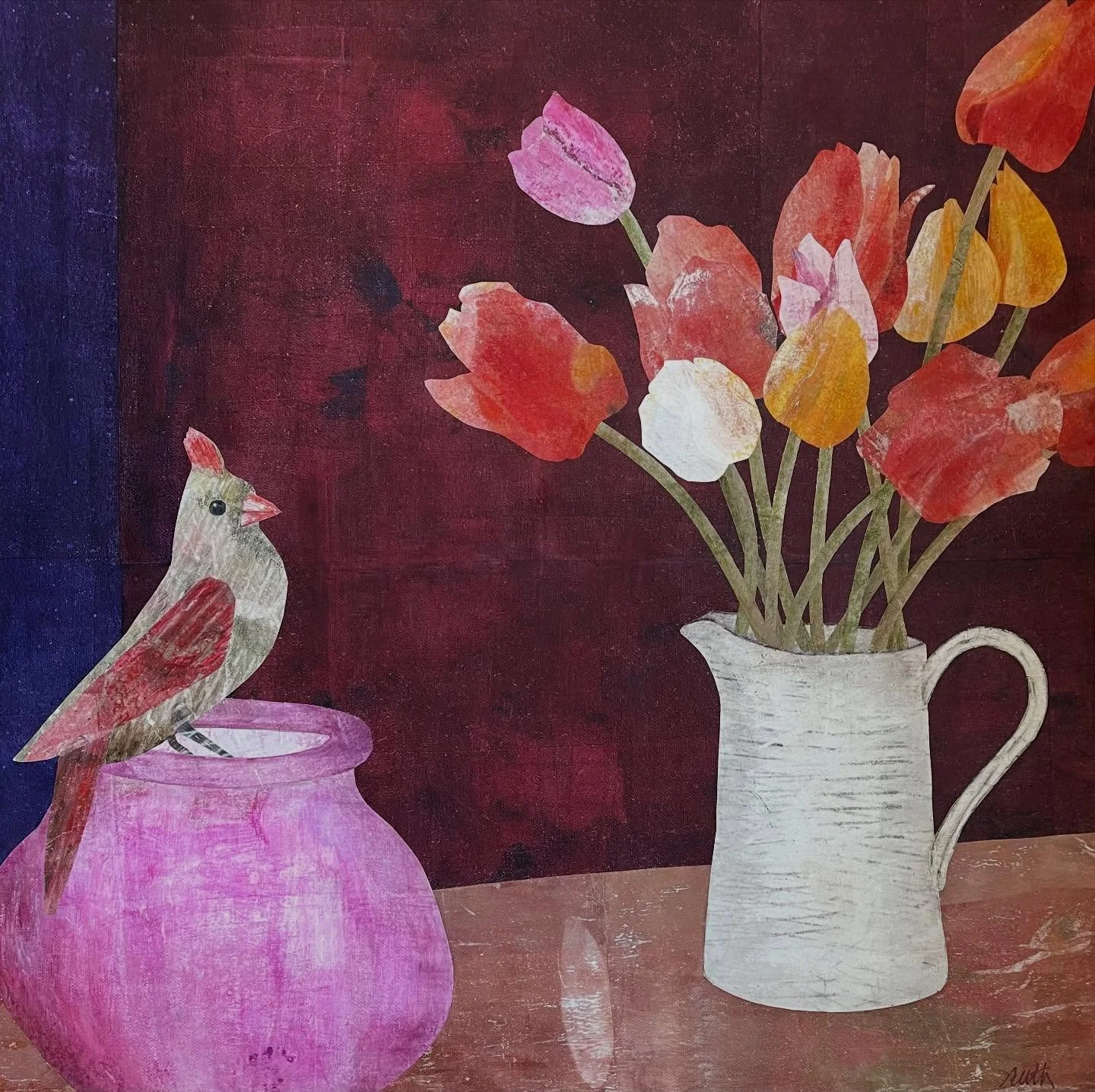 We have a pair of cardinals that stay in our yard all winter. I enjoy seeing them outside my studio window, especially on cold and snowy days. We usually notice the bright red male, but this time I wanted the focus to be on the female. I started this