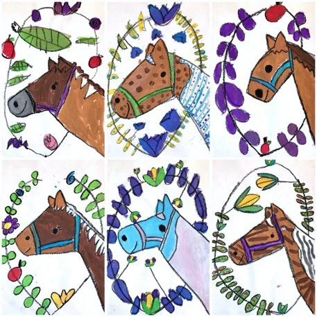 A fun project to celebrate the year of the horse! 🐴 💕Focusing on just the head of the horse simplifies the drawing for younger students&mdash;these by first and second graders. Horse + Pony Portraits lesson in my TpT shop.