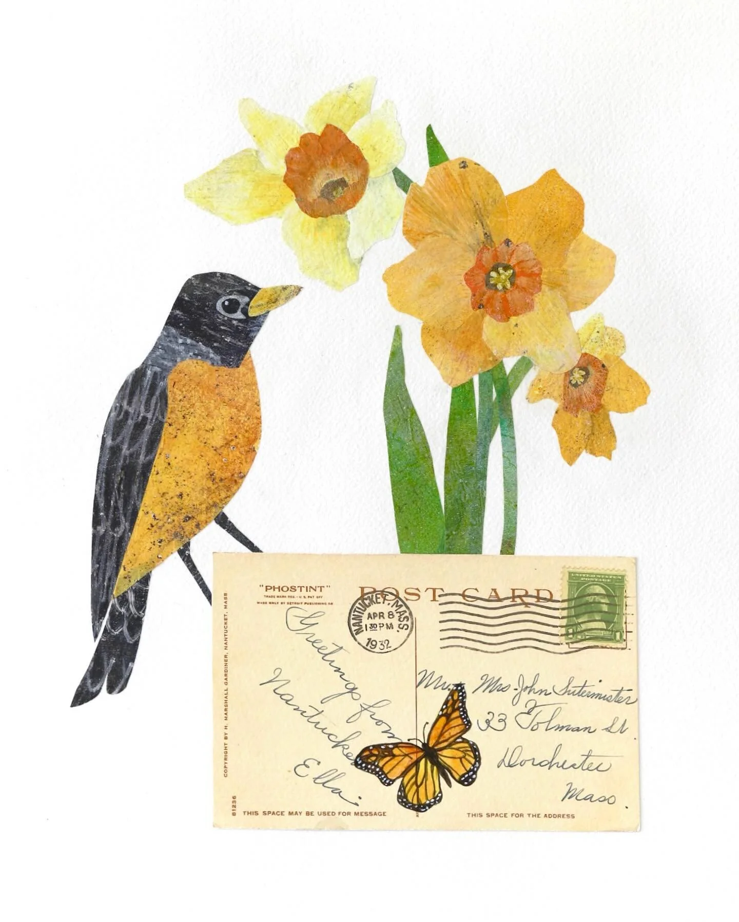 The Nantucket Daffodil Festival hit its 50th anniversary this year! Always happy to see the robins and daffodils return in April, and definitely ready for some spring weather. 🌼 Having fun creating collages with vintage postcards and other ephemera&