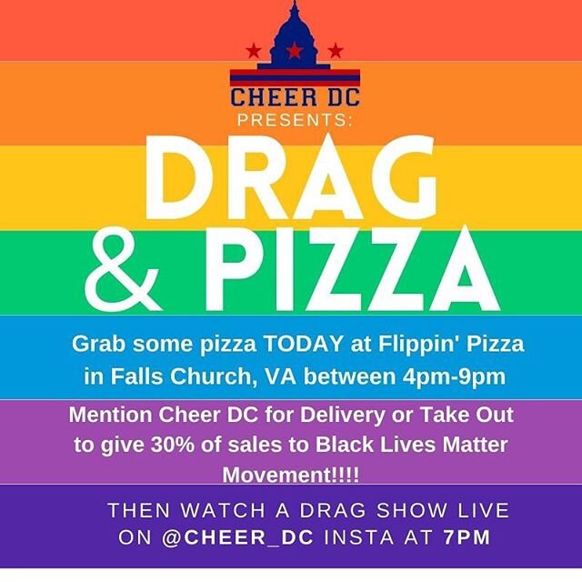 TODAYS THE DAY!!!!! Get some pizza, find a nice spot on the couch and enjoy a show!!! All tips will benefit Black Lives Matter Movement!!! We&rsquo;re going live right here at 7pm!!! #dragshow #blacklivesmatter #dragqueen #dragking #cheerleaders #lgb