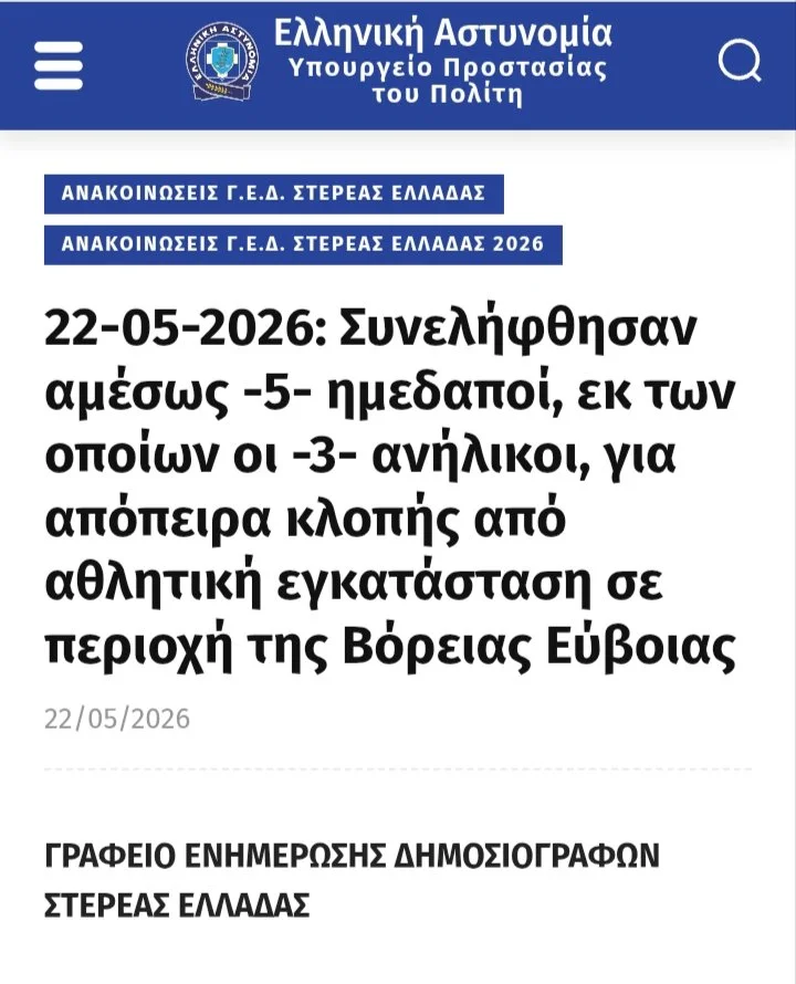 Σύλληψη ανήλικων για απόπειρα κλοπής σε αθλητική εγκατάσταση 
