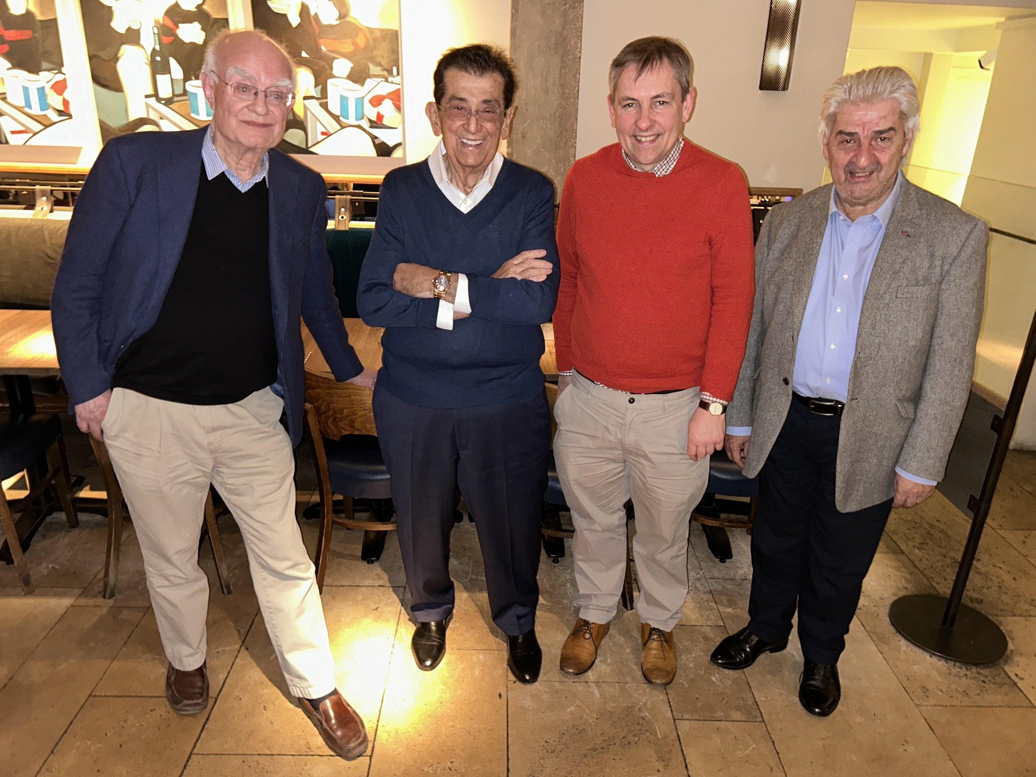 Composer/Conductor John Rutter, CBE, MidAmerica Productions Founder and General Music Director Peter Tiboris, Bath Abbey Music Director Huw Williams, and Oxford Philharmonic Orchestra Founder and Conductor Marios Papadopoulos out to dinner in Oxford 