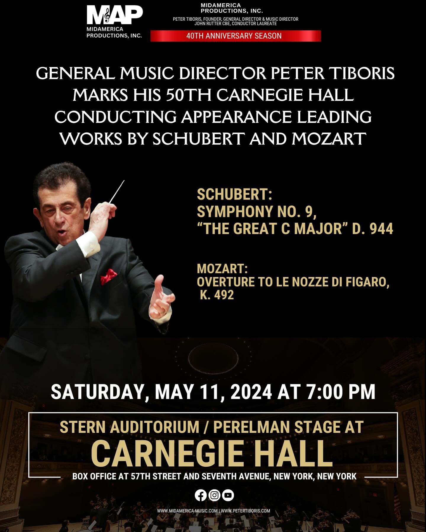 THIS SATURDAY marks MidAmerica Productions&rsquo; Founder and General Music Director Peter Tiboris&rsquo; 50th @carnegiehall appearance! ✨🎶 For tickets call CarnegieCharge (212-247-7800) or visit Box Office located at 57th St and 7th Ave #carnegieha