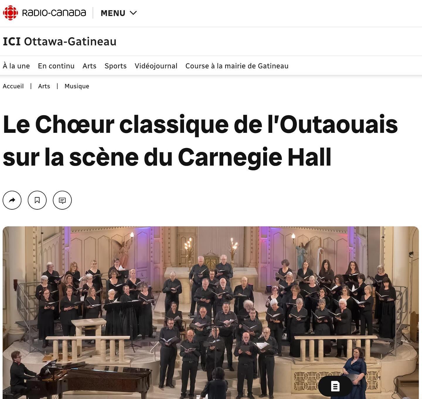 Big thanks to @radiocanada for sharing Ch&oelig;ur classique de l&rsquo;Outaouais upcoming performance at @carnegiehall on Monday, May 27, 2024. Get your ticket today!
#choralmusic #choralsinging #carnegiehall #gatineau #gatineauottawa