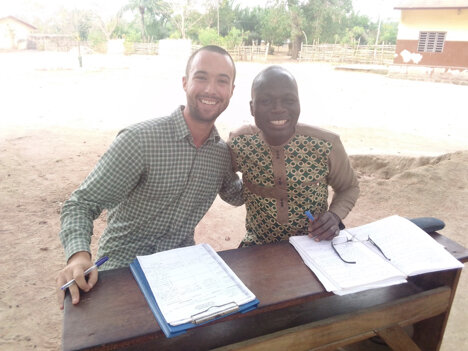  Training and observing: Ryan Blackwell and English Inspector Mr. Kouma after observing English lessons at a local secondary school in Adeta, Togo. As a part of his duties as a third-year volunteer based at a regional inspection office, Ryan has enjo