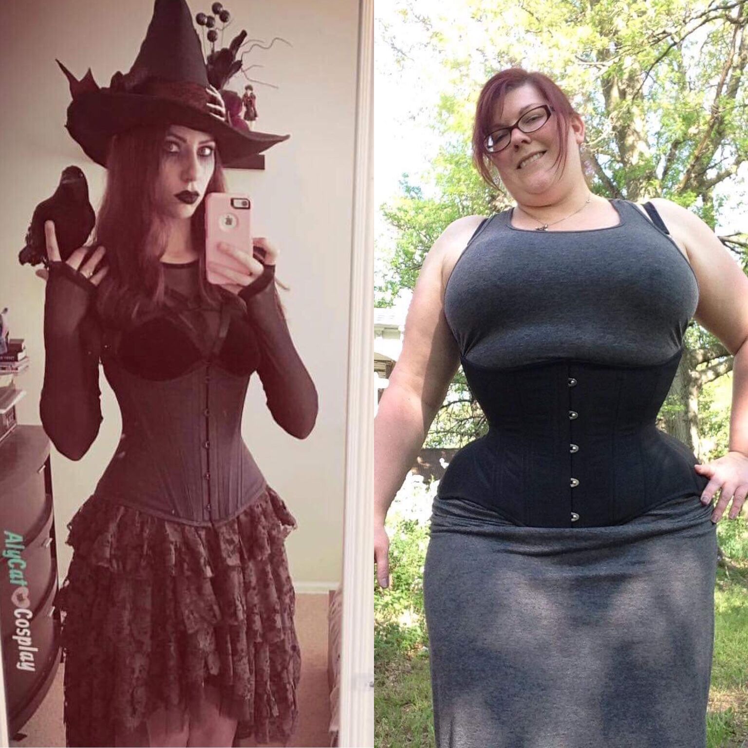 AlyCat in her Crimson Rose Corsetry piece and Jen H in her Timeless Trends Gemini. Both are at a comfortable reduction, but AlyCat's slim build dictates a much gentler shape than Jen's curvy build!