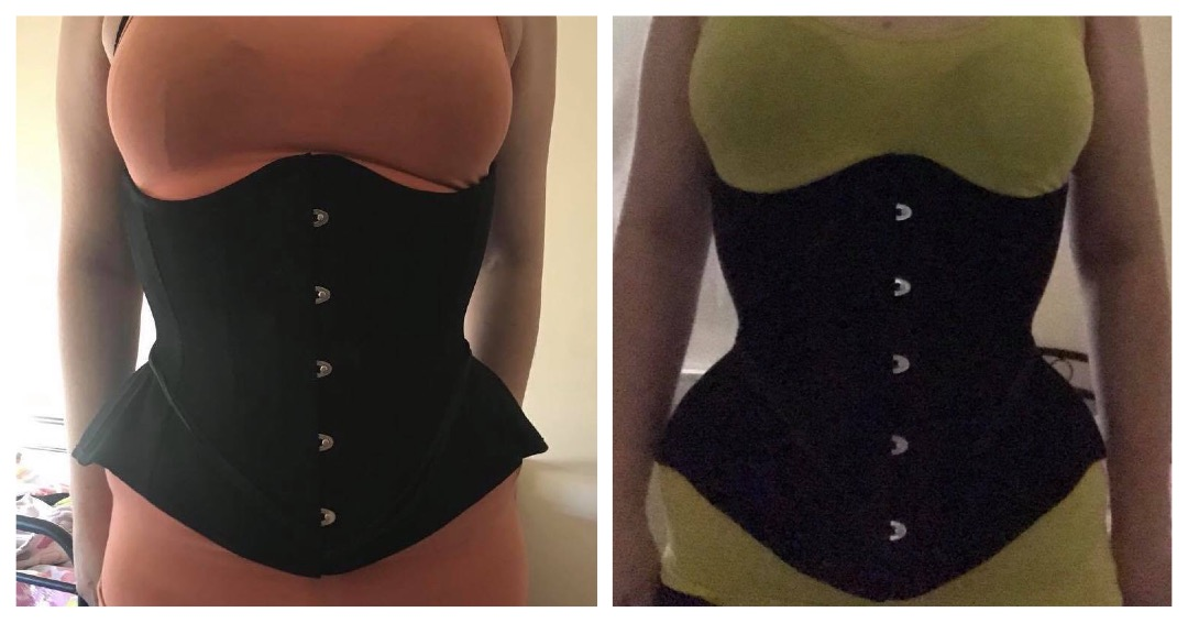 This shows the first time putting on a corset, vs 33 hours of wear into it. The corset is by Mystic City Corsets, and you can see the overall shape of the corset doesn't change, but her body more accommodating to that shape!