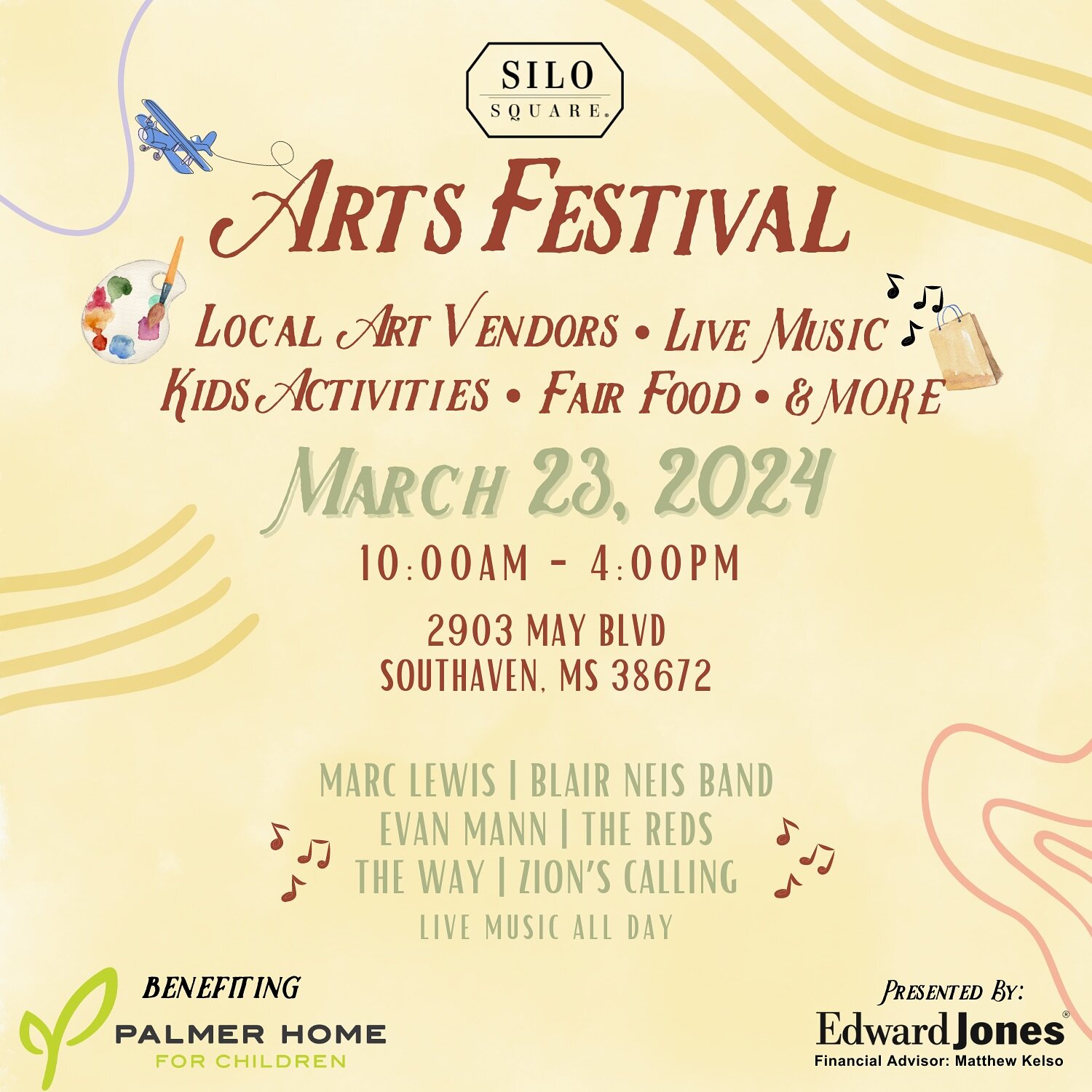 ONE WEEK AWAY 🎶☀️🎨🛍️

Join us next Saturday, March 23 from 10:00-4:00 for the first annual Silo Square Arts Festival benefiting Palmer Home. We have over 60 talented local art vendors, live music from local musicians, kids activities, fair food tr