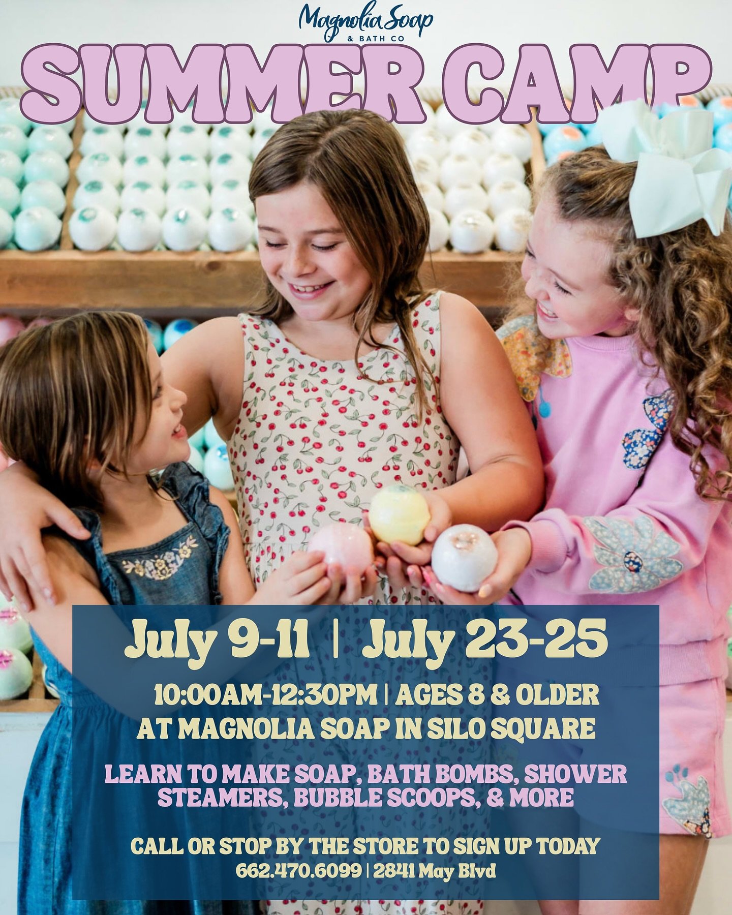 Have you heard?! Magnolia Soap is hosting a summer camp in Silo Square! Your kids will do everything from soap pouring, make their own bath bombs, bubble scoops, &amp; more. Plus&mdash; everything they make, they get to take home! ☀️🧼🫧

July 9-11 |