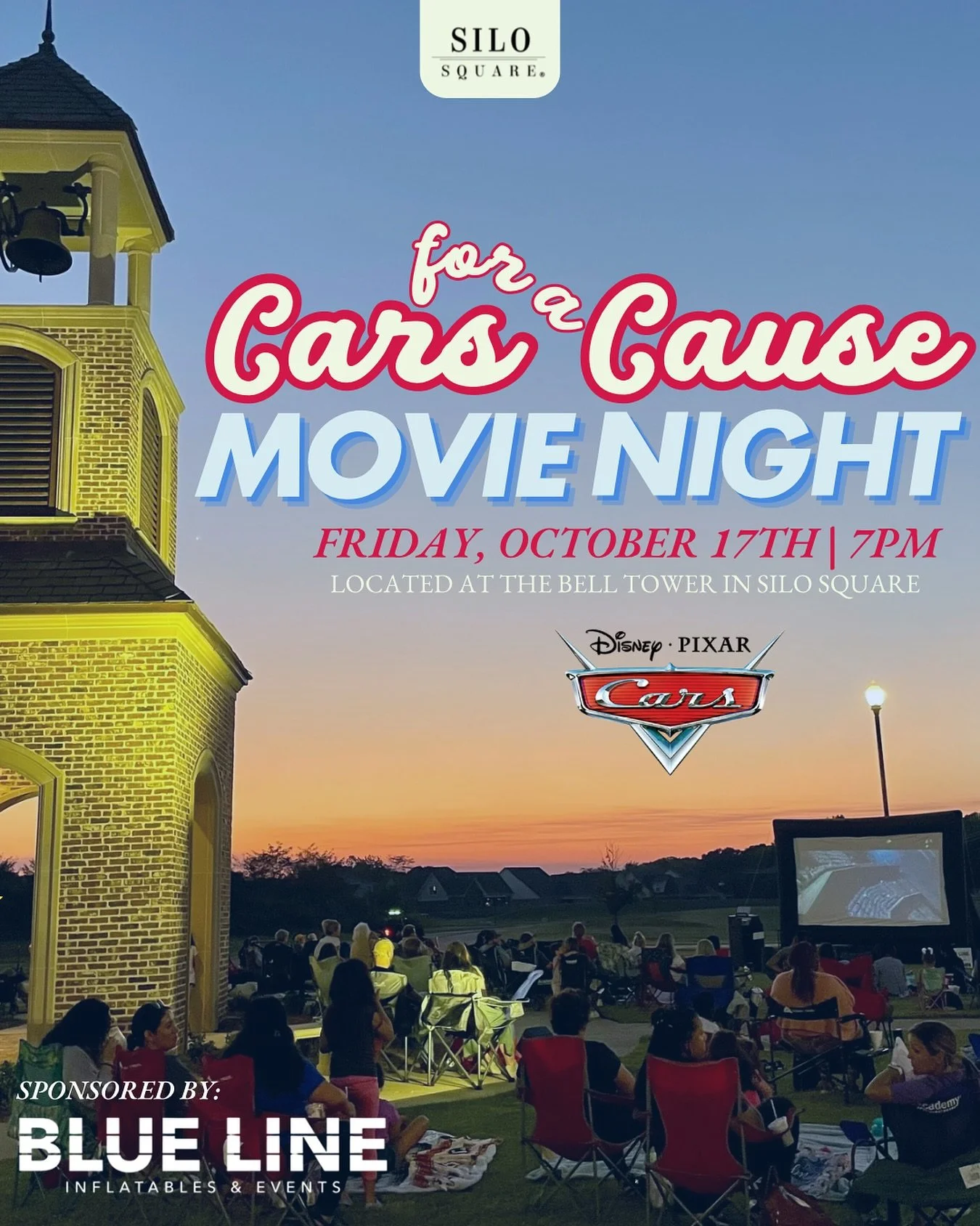 Movie Night in Silo Square, this Friday, October 17th starting at 7:00pm 🚗🎥🍿

Meet us at Silo Park for a showing of Disney Pixar&rsquo;s Cars! Make plans to grab a bite before and something sweet for during the movie.

Thank you to Blue Line Infla