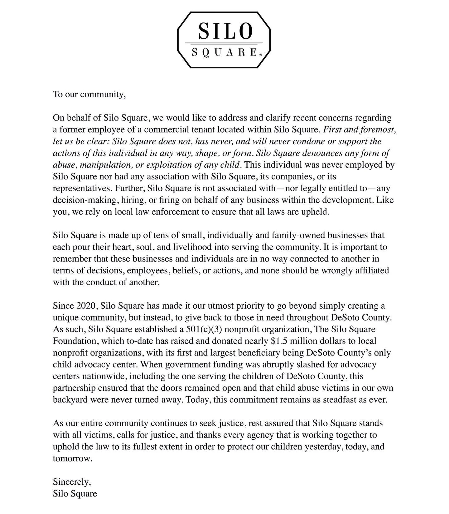 Official statement from Silo Square: