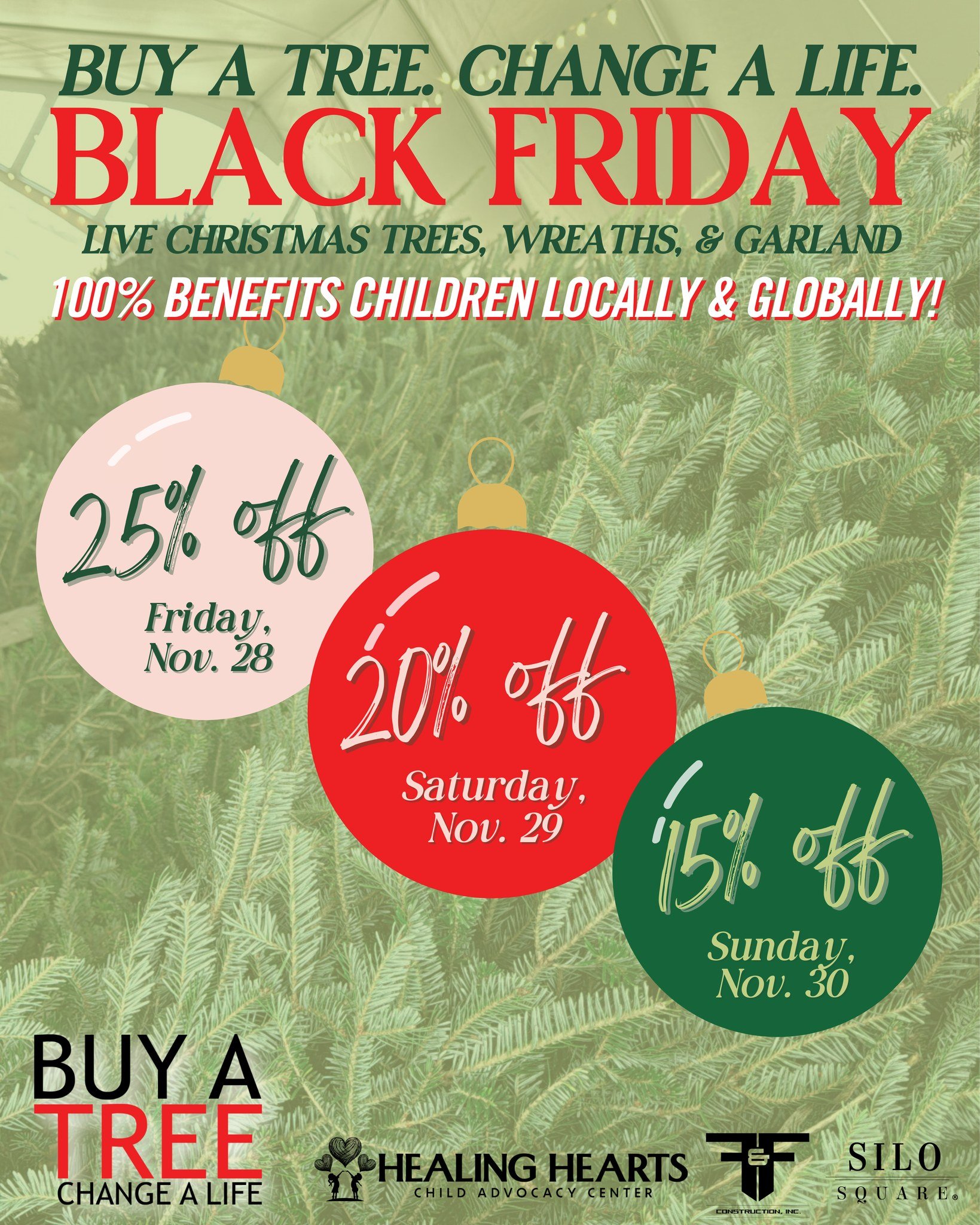 SALE, SALE, SALE! 🎄‼️
 
Join us this Black Friday Weekend for up to 25% ALL live trees, garland, and wreaths. When you purchase a Christmas tree with us, it&rsquo;s not just a tree&mdash;it&rsquo;s the difference in a child&rsquo;s life. 100% of pro