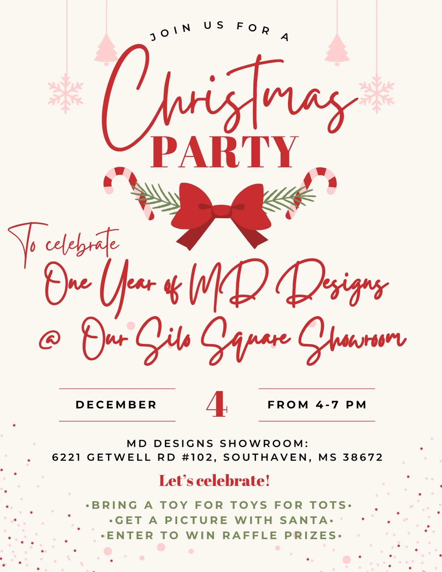 Cheers 🥂MD Designs has been in Silo Square for ONE year! 

Celebrate with them tomorrow from 4:00-7:00pm for food, drinks, pictures with Santa, giveaways, &amp; more! Plus, bring a toy for Toys for Tots and make a difference this Christmas season.

