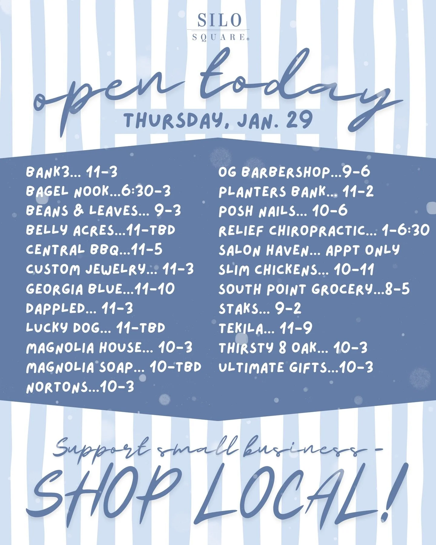 Many of our small businesses are OPEN &amp; ready to get back to serving you! 🫶🏼 Whether traveling the interstates, local roads, or within Silo Square, please use caution as winter conditions continue to melt.  *Hours subject to change. Some busine