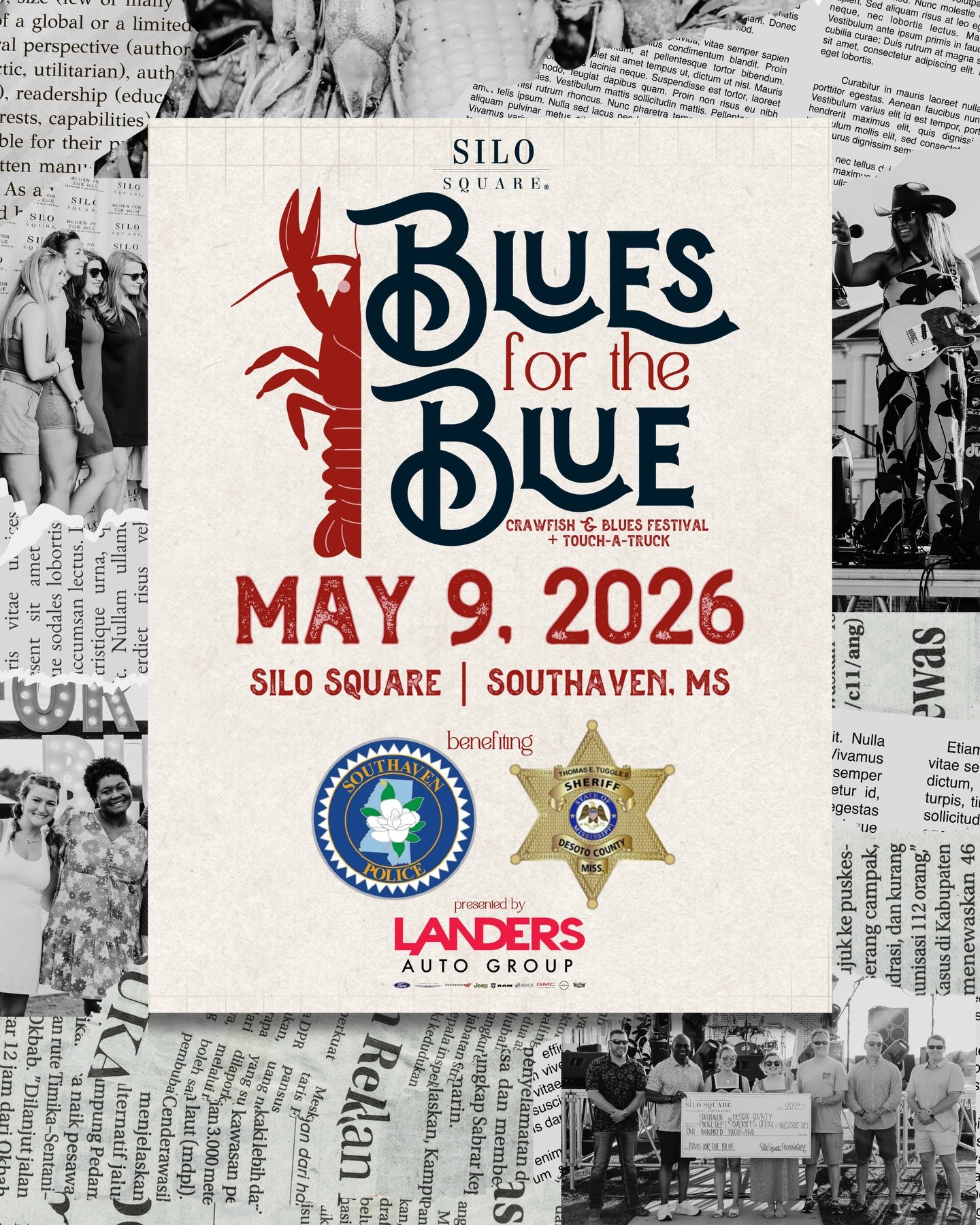 SAVE THE DATE | May 9, 2026 
Fourth Annual Blues for the Blue Crawfish &amp; Blues Festival

Crawfish 🦐 | Music 🎶 | Drinks 🍻 | Touch-A-Truck 🚓

ALL proceeds benefit the Southaven Police Department &amp; DeSoto County Sheriff&rsquo;s Office.

Spec