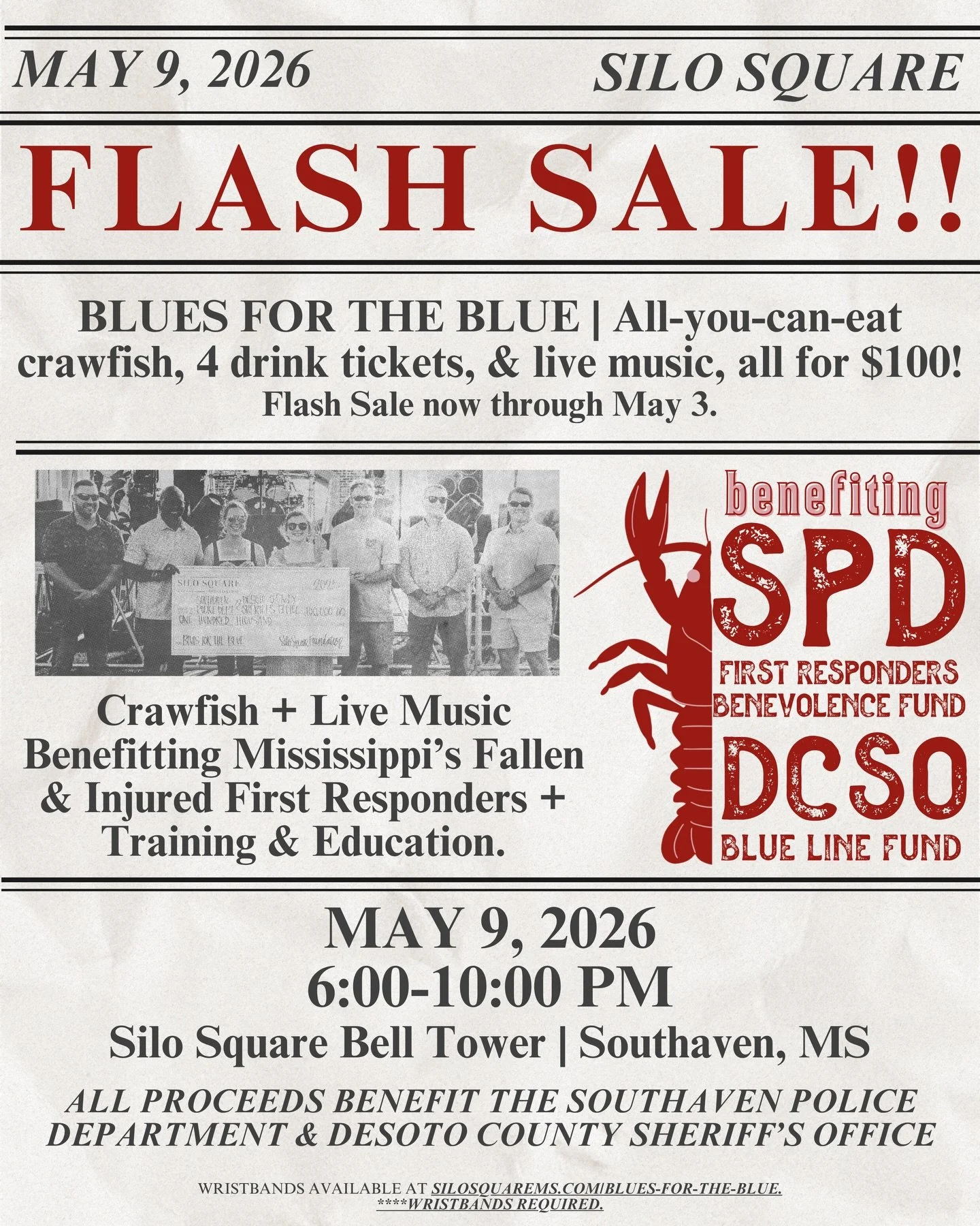 Happy May 1st &amp; Law Enforcement Appreciation Month! We&rsquo;re celebrating with a flash sale for Blues for the Blue 🦞🎶🚔

Snag a $100 wristband now through Sunday at midnight for the 4th Annual Blues for the Blue Crawfish &amp; Blues Festival 