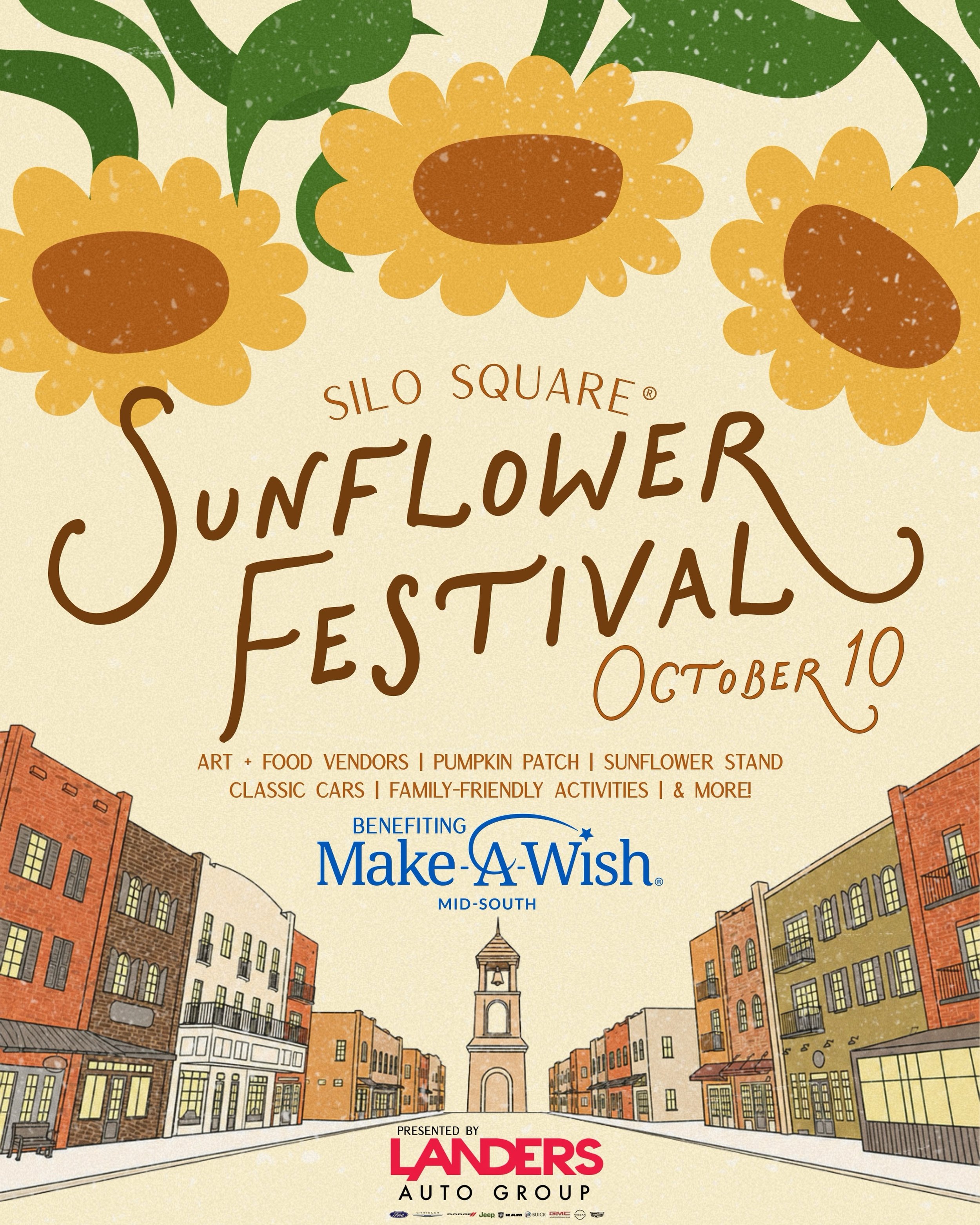 A new event is blooming in Silo Square 🌻

Join us Saturday, October 10 for a full day of art, classic cars, local vendors, food, family fun &amp; more&mdash;all coming together for an incredible cause. The inaugural Silo Square Sunflower Festival br