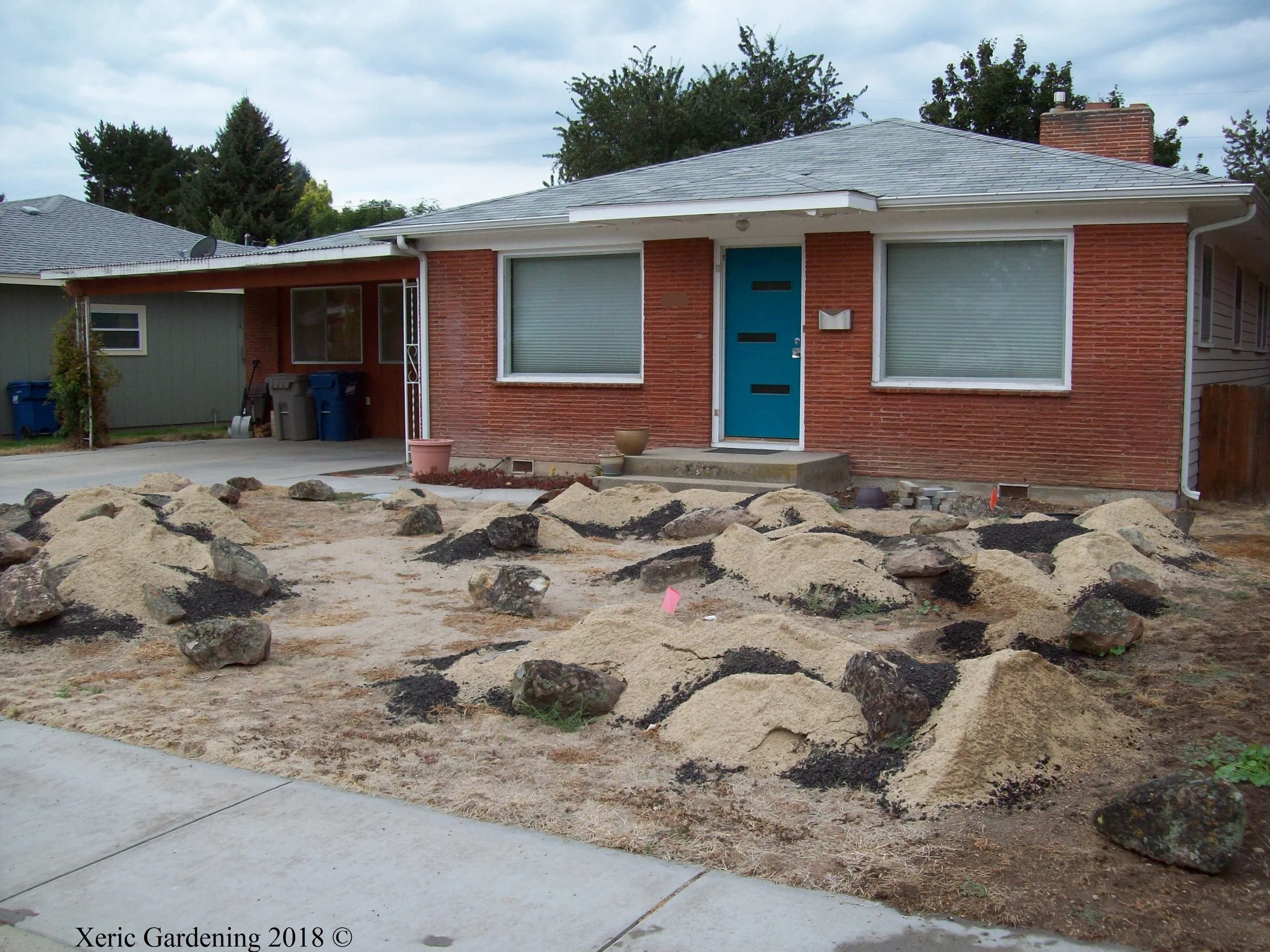 YEAR 1 After removing the lawn, we added some berms and ornamental stone, making sure to have enough pathways through the garden to help with weeding and additional planting.