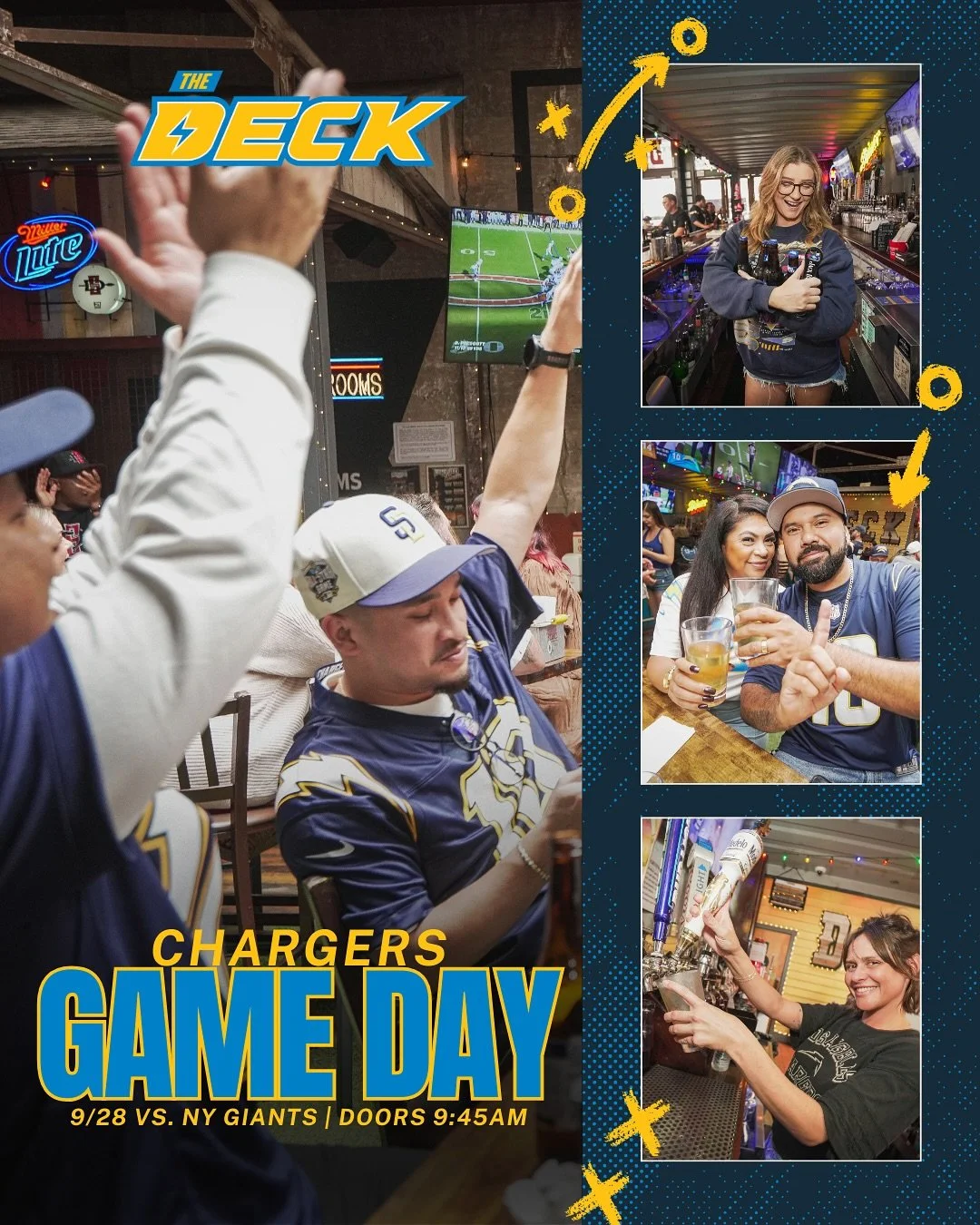 Chargers on the screens, Padres across the street. Sundays are best at The Deck. 🍻⚡⚾ Don&rsquo;t forget! We&rsquo;ll be raffling a Chargers jersey every game. Come to watch, stay to win! #boltup #lfgsd