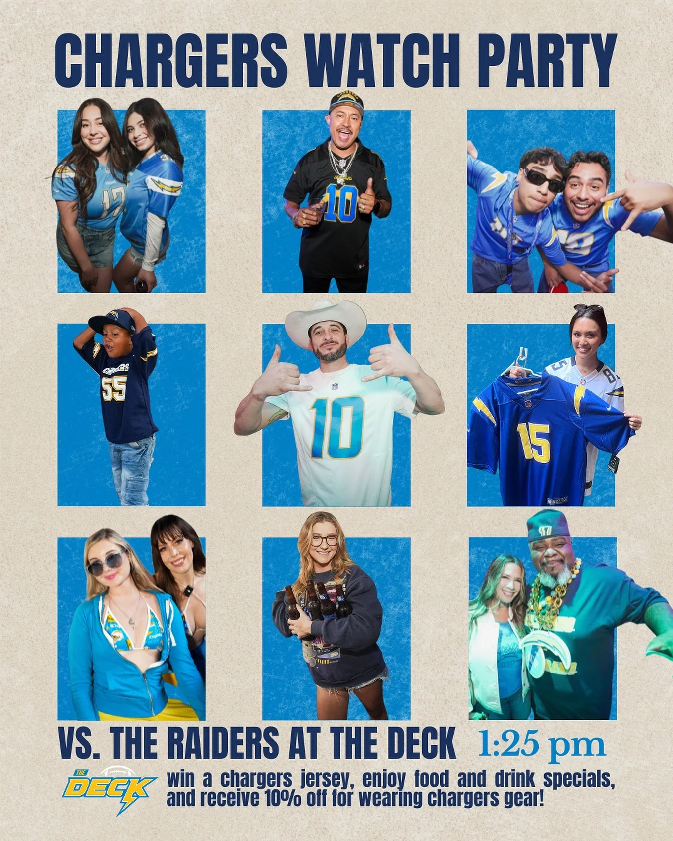 Game day at The Deck! ⚡️🏴&zwj;☠️ Chargers vs. Raiders at 1:25! Grab a seat, grab a drink, and enter our jersey raffle!🩵