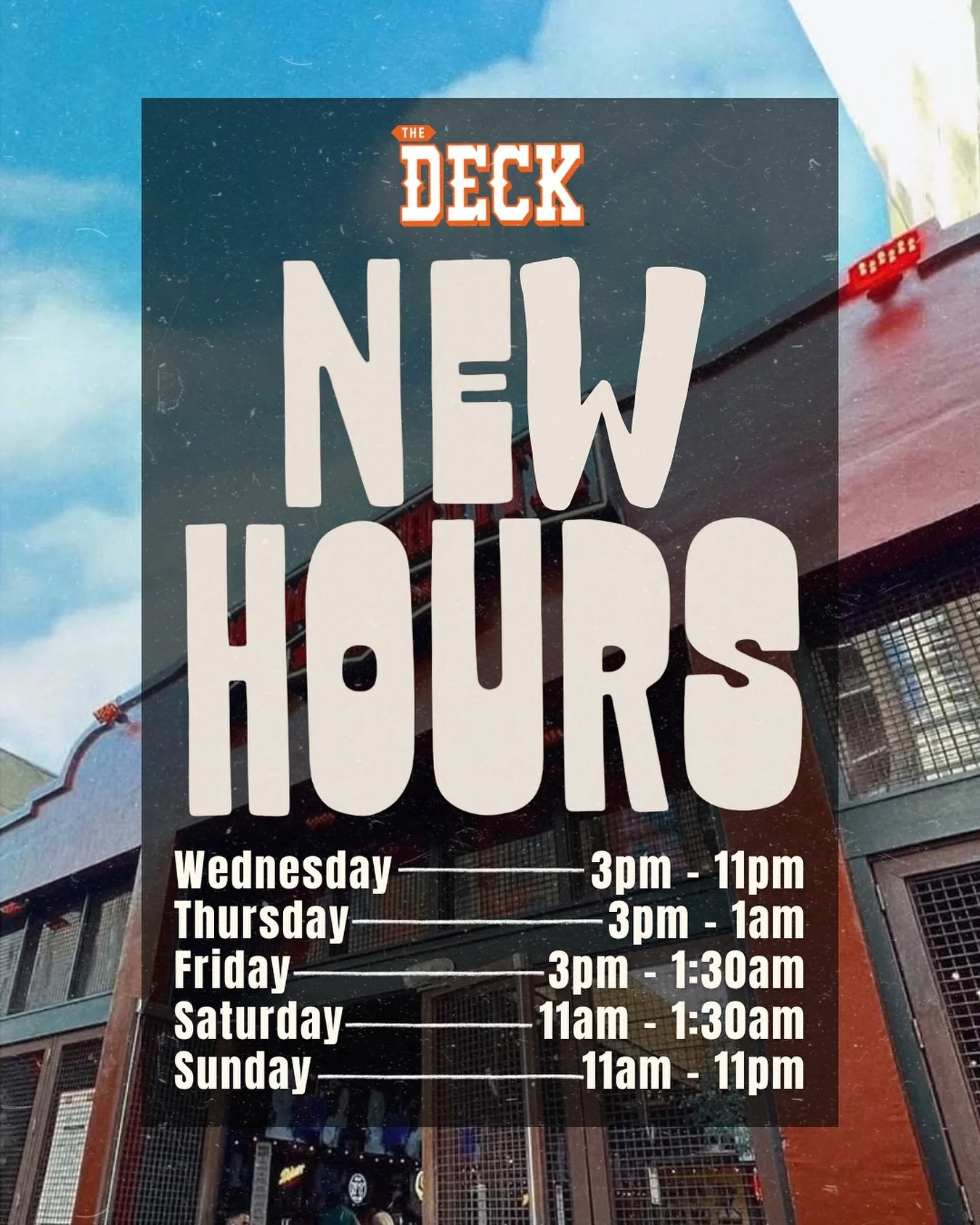 New Year, NEW DECK!🧡 We&rsquo;ve missed you all so much! Kick off the weekend early with NEW Happy Hour + Jack&rsquo;d Up specials all night long. Doors open at 3pm!🍻

🙂 Happy Hour 3pm - 7pm!
$4 Domestics
$6 Wells
$12 Select Pitchers
1/2 Off Selec