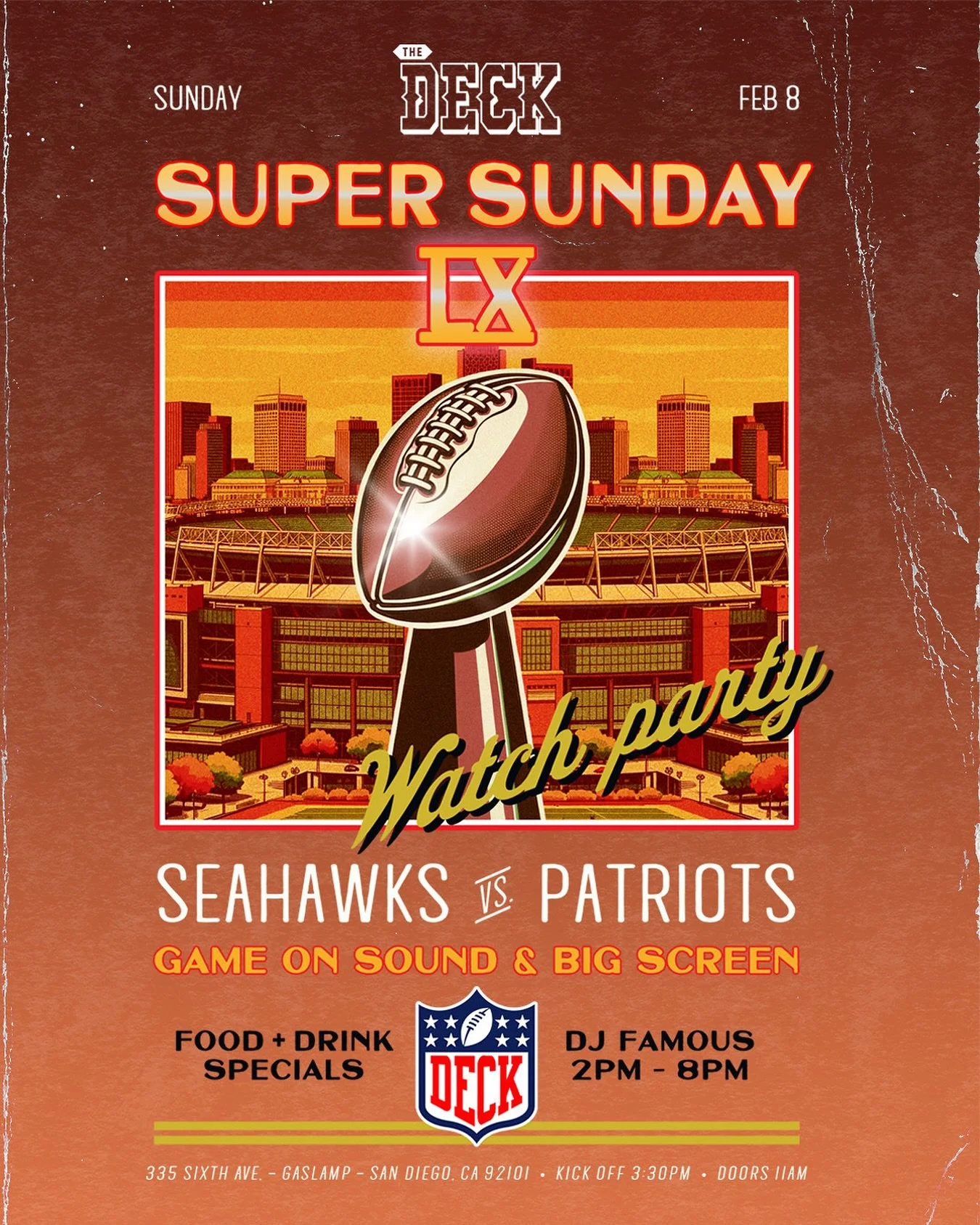 SUPER SUNDAY IS ALMOST HERE 🏈‼️

The BIG game. On the BIG screen. On our BIG DECK.
Don&rsquo;t miss Seahawks vs Patriots with game sound ON, food + drink specials, and music with DJ Famous.

Doors 11AM | Kickoff 3:30PM