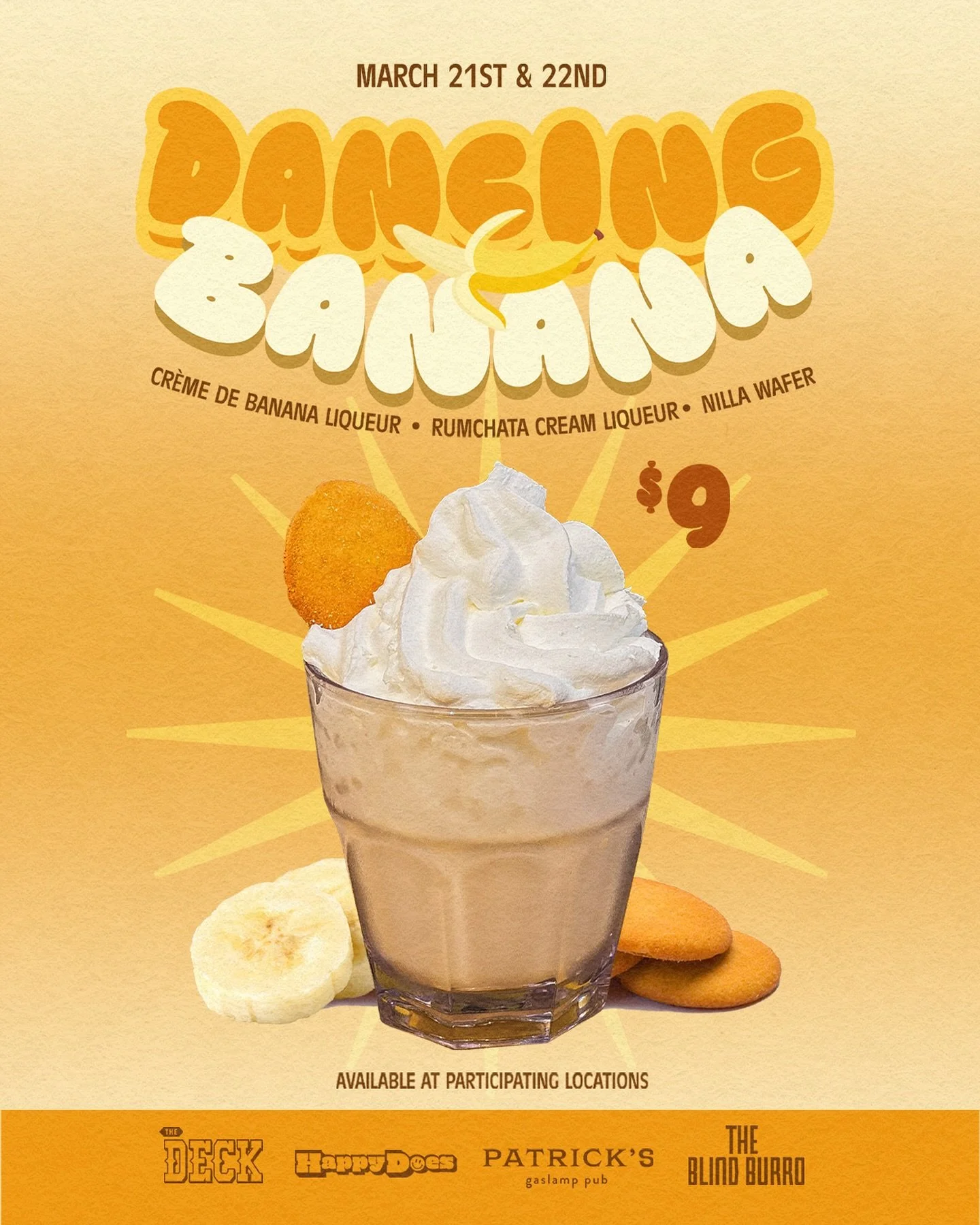 Banana Ball weekend at Petco Park is here! 🍌 
Stop by across the street to try our Dancing Banana Shot made with cr&egrave;me de banana &amp; RumChata &mdash; topped with whipped cream and a Nilla wafer!