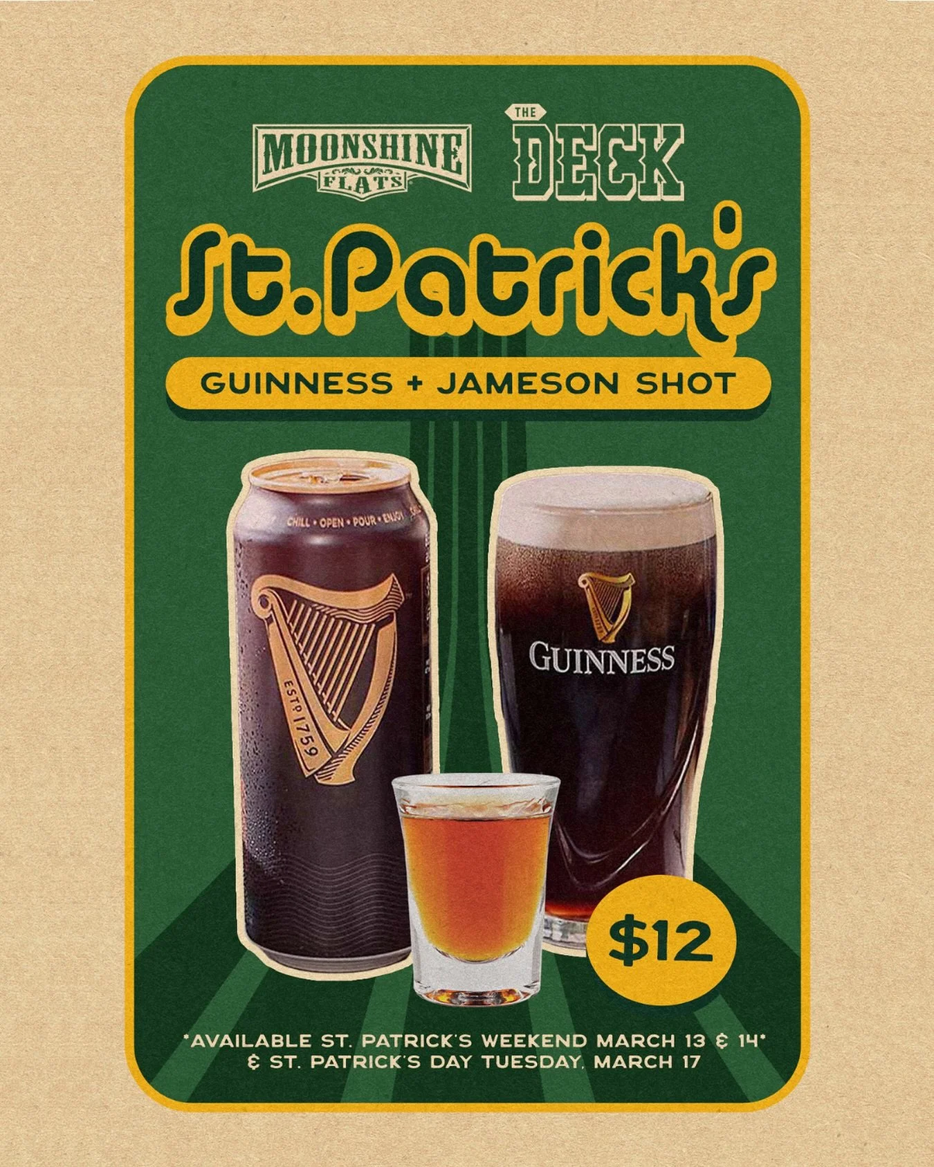 St. Patrick&rsquo;s weekend starts NOW! Get LUCKED up all weekend with Guinness + a Jameson shot for $12 ☘️🥃