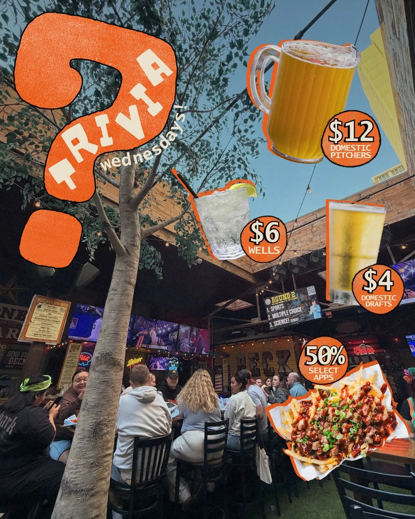 WEDNESDAY TRIVIA NIGHT at THE DECK kicks off at 7PM!🍻🧠

gift card prizes | $12 domestic pitchers | $4 domestic drafts | $6 wells | 50% OFF select apps 

hosted by @rachelragetrivia