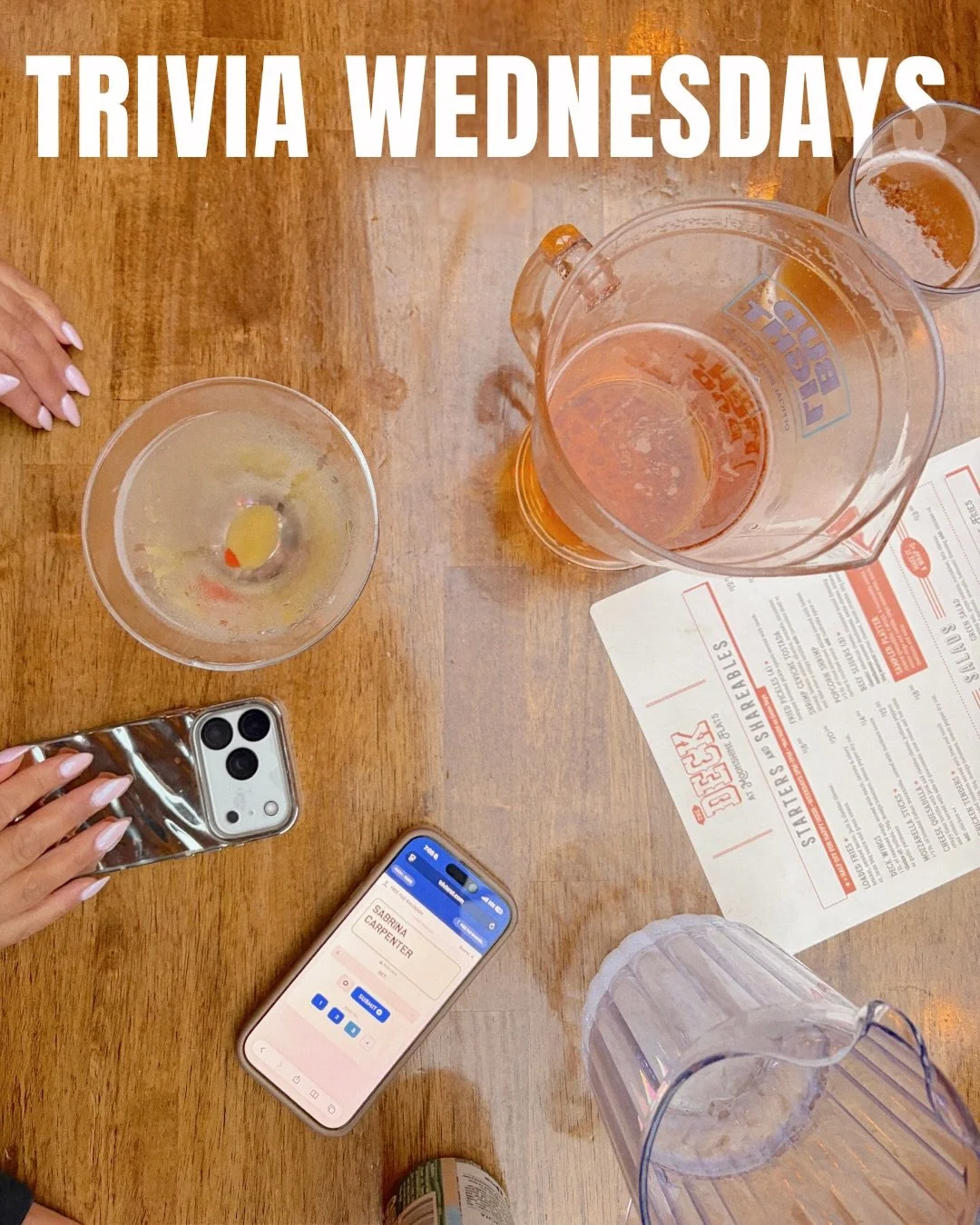 Tell your friends! Trivia at The Deck starts at 7pm with prizes for 1st, 2nd and 3rd place.🧠🌟 💭 Serving up Happy Hour specials until 9pm!