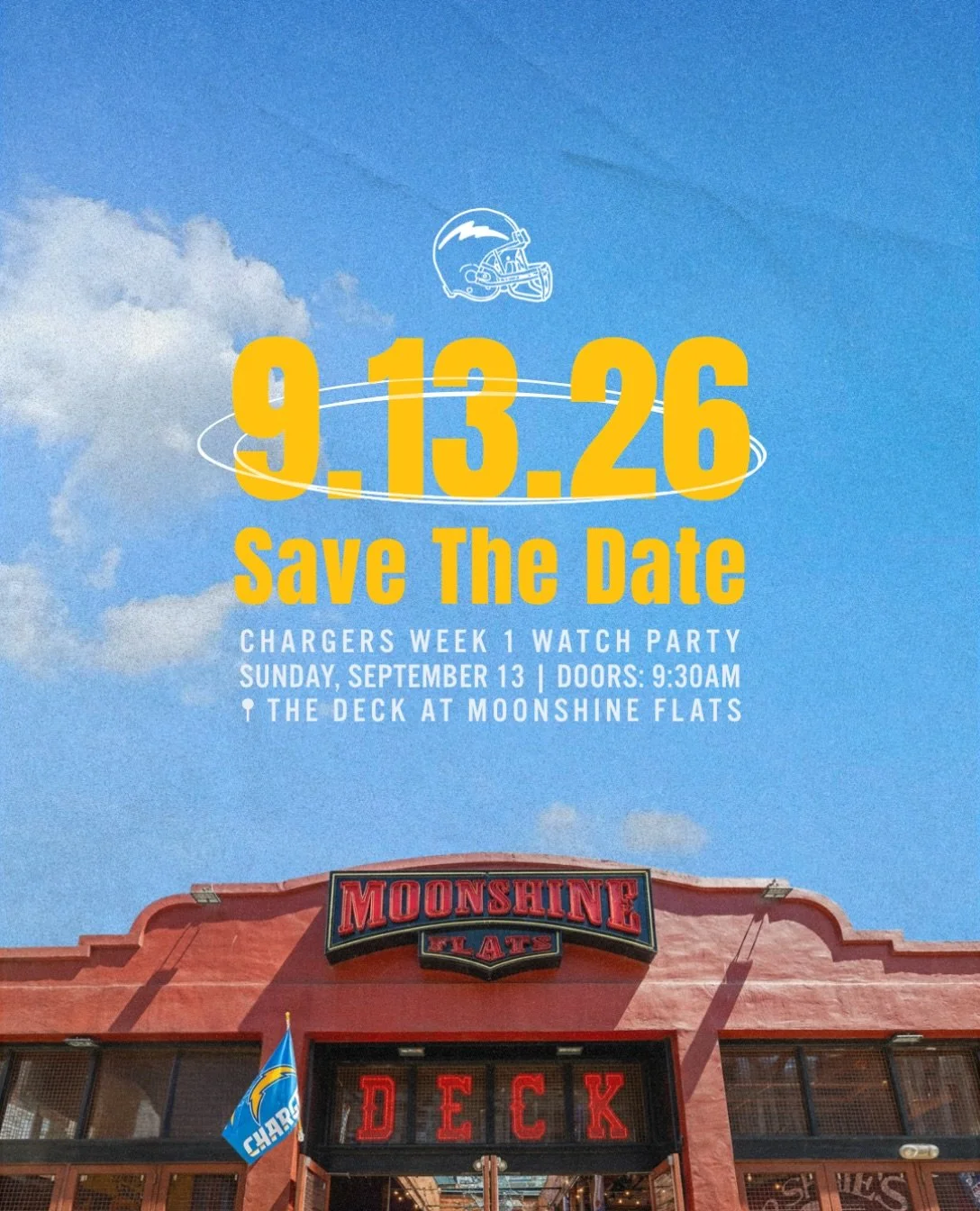⚡🔷 🏈 ONE MONTH UNTIL CHARGERS FOOTBALL!

📍The Deck at Moonshine Flats | Chargers San Diego Bar | Raffle Prizes | Giveaways | Food + Drink Specials