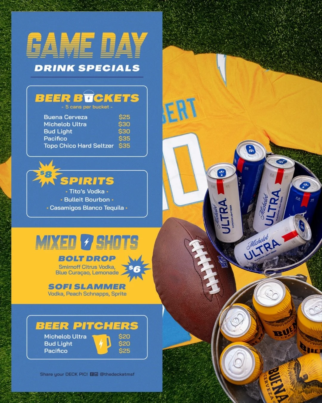 WAKE UP CHARGERS FANS, new game day specials just dropped! It&rsquo;s officially football season at The Deck, your Chargers watch party bar in San Diego. Doors open at 9:30AM⚡️💙 #boltup