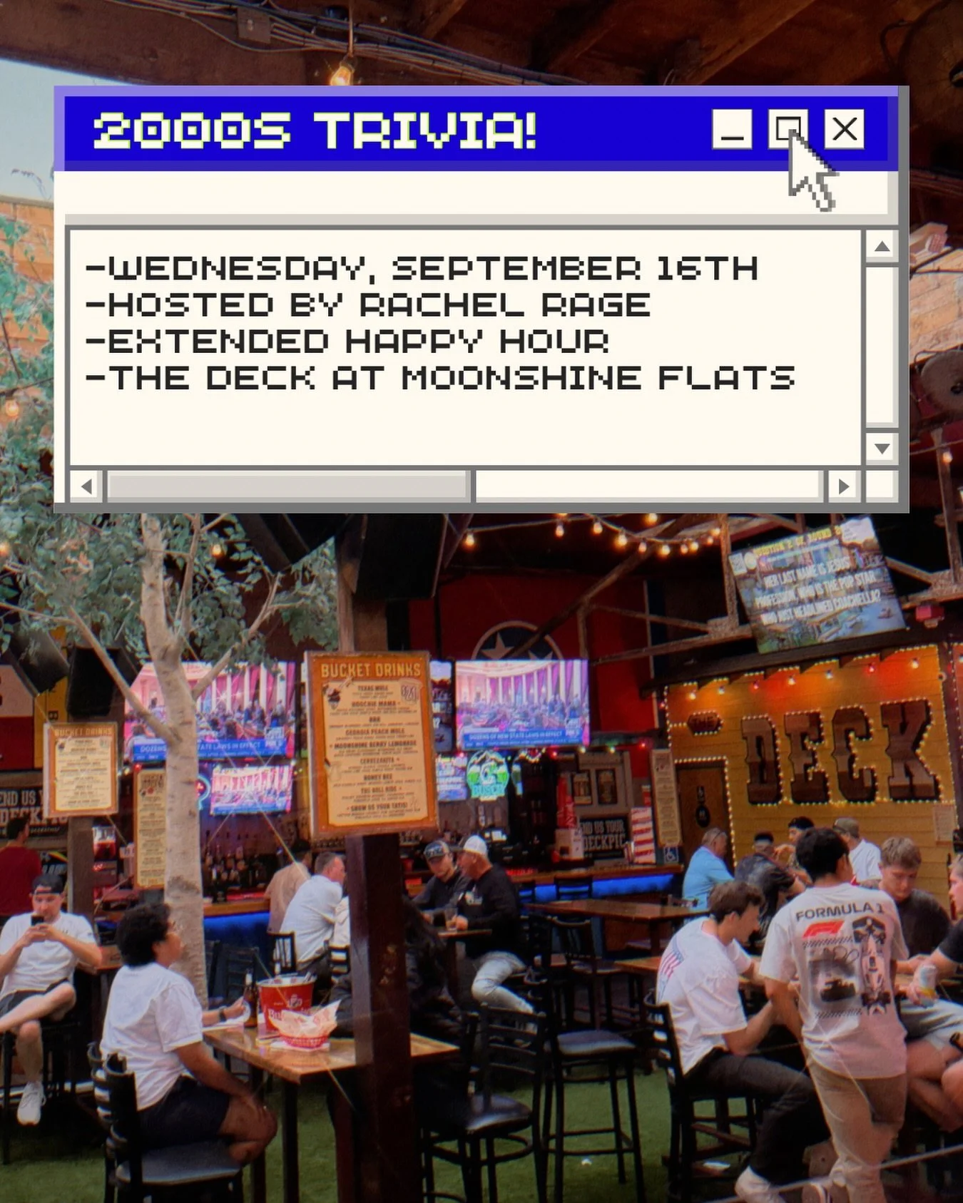 Say BYE BYE BYE to your usual Trivia Night! Y2K TRIVIA is taking over The Deck this Wednesday, 9/16. Come test your knowledge of all things movies, music, games, pop culture &amp; more from the 2000s 🩷💿 🎧🌟🪩