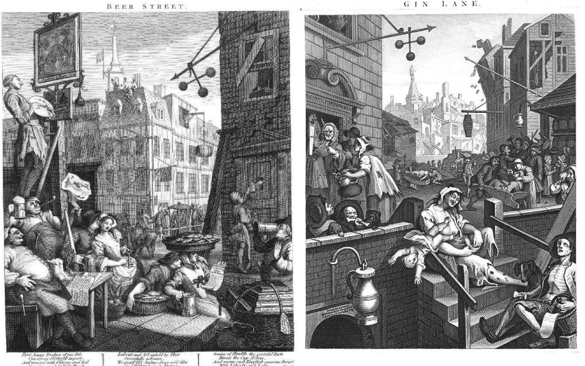 William Hogarth's 'Beer Street and Gin Lane' - a famous set of images condemning gin drinking as the catalyst for societal ruin. [courtesy of http://brewscruisechicago.com/wp-content/uploads/2014/03/hogart-gin.jpg]