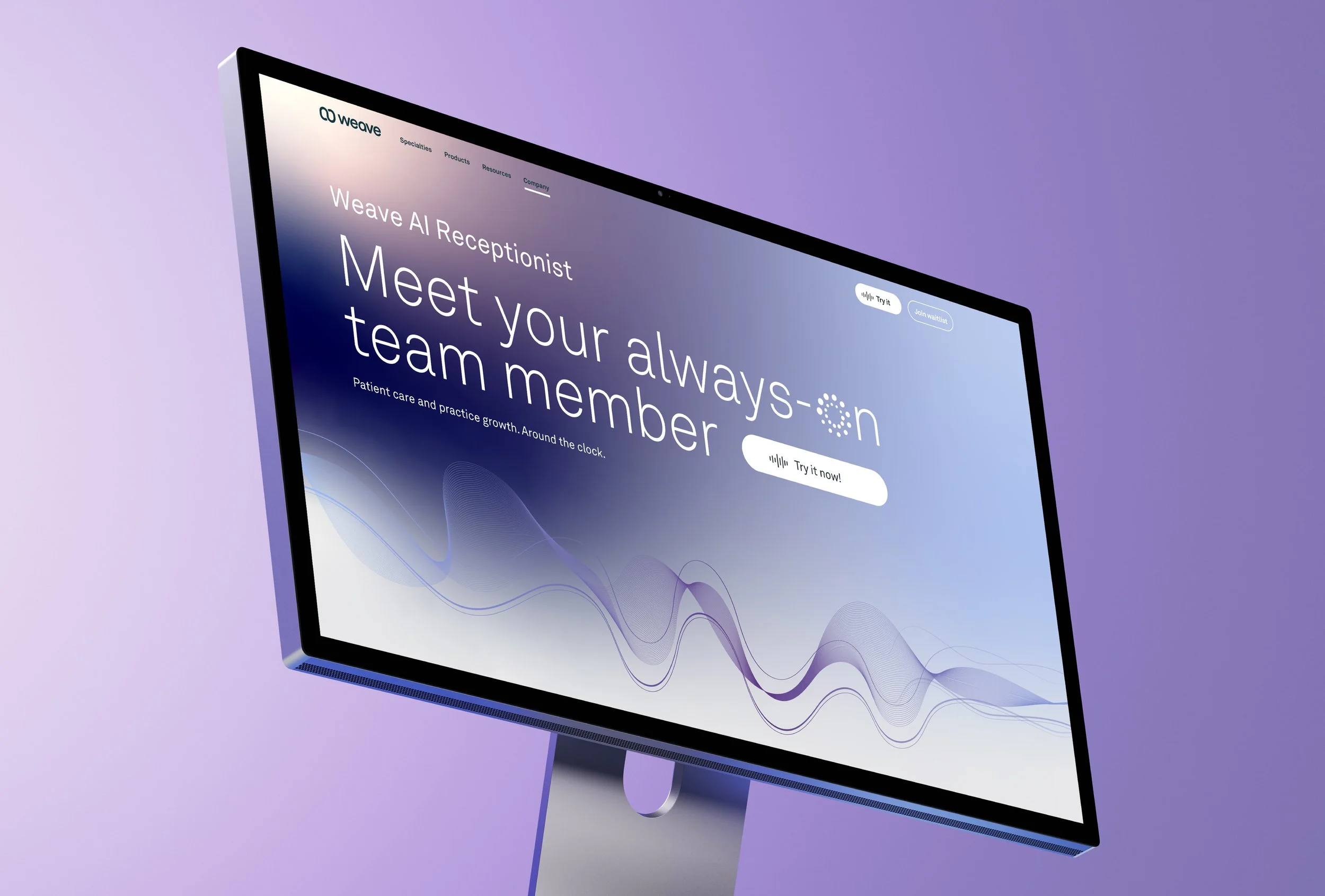 Weave AI Receptionist landing page showing product overview, features, and call handling interface