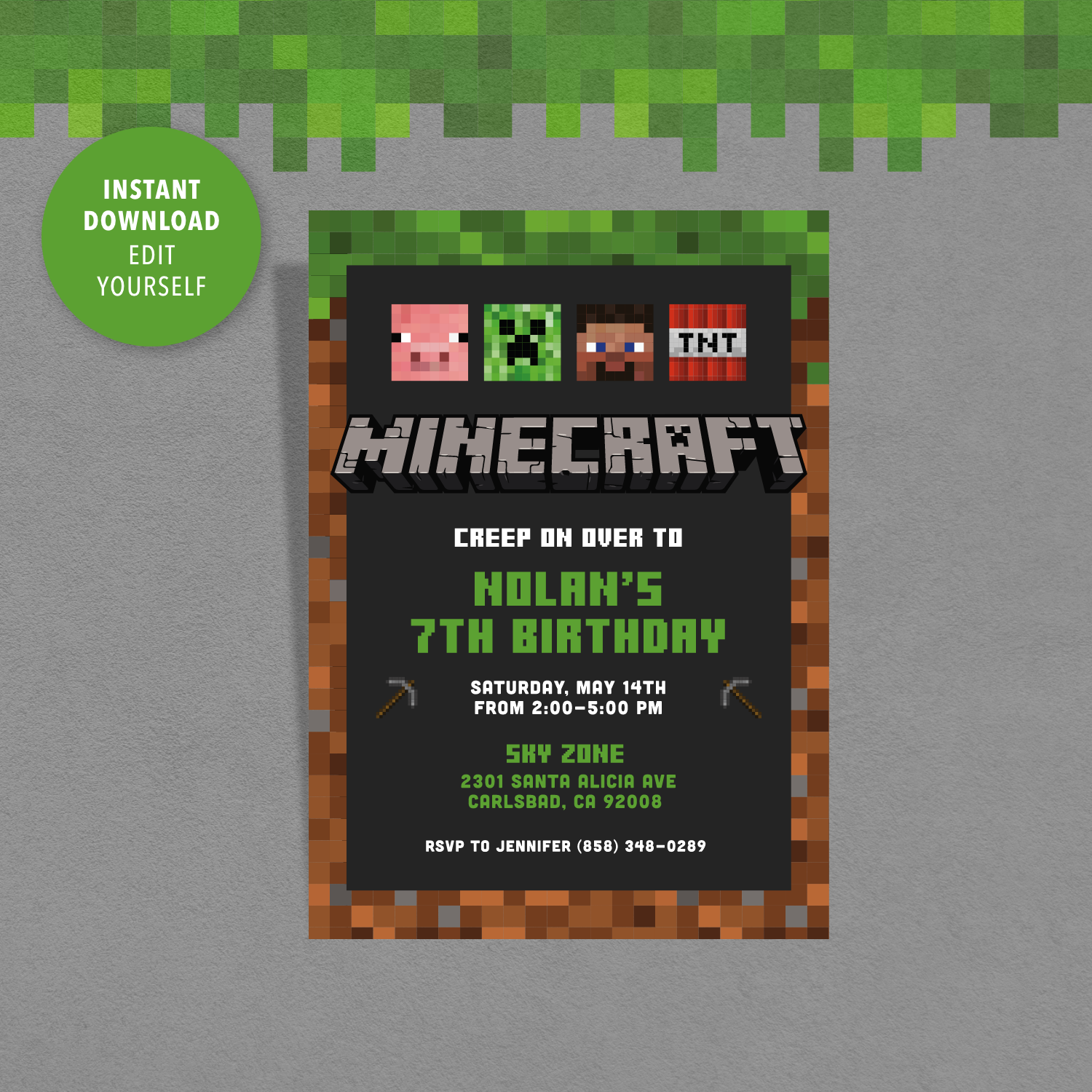 Minecraft Birthday Invitation Printable Instant Download