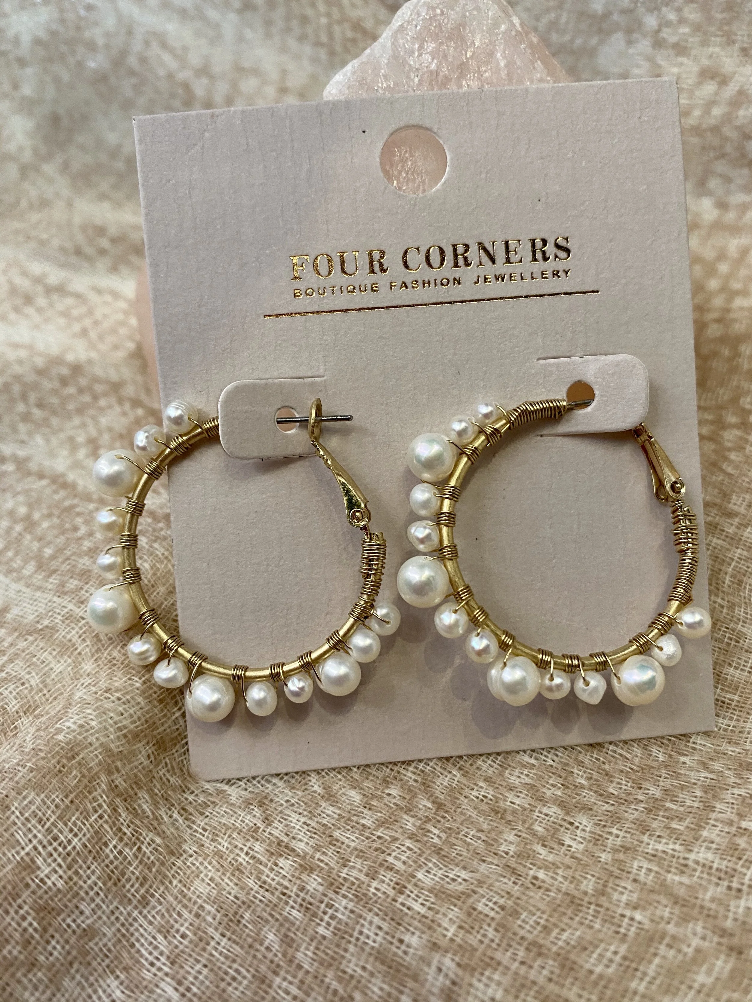 Four Corners Multi Pearl Gold Hoops By Four Corners